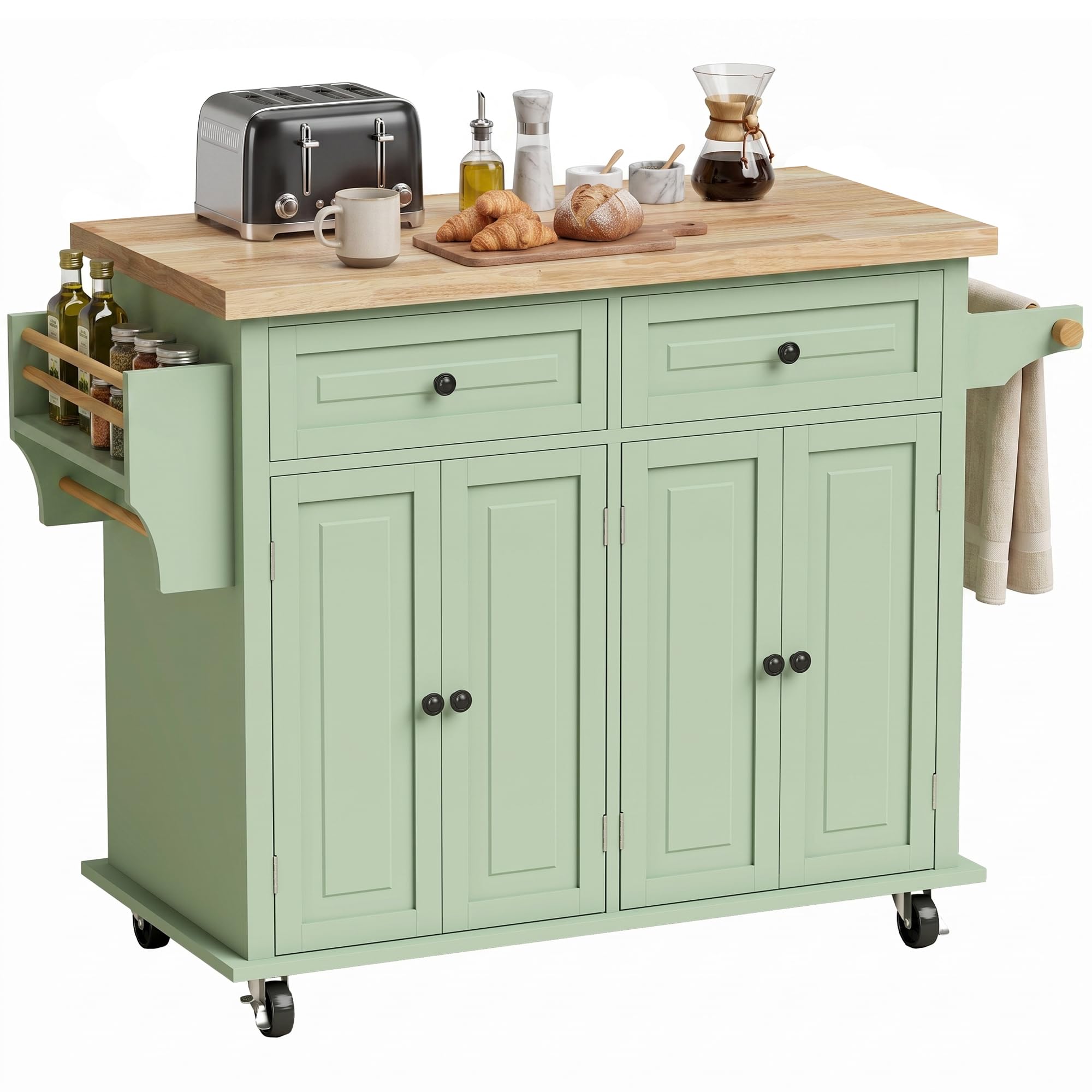 HOMCOM Kitchen Island on Wheels, Rubberwood Top, Spice Rack, Light Green