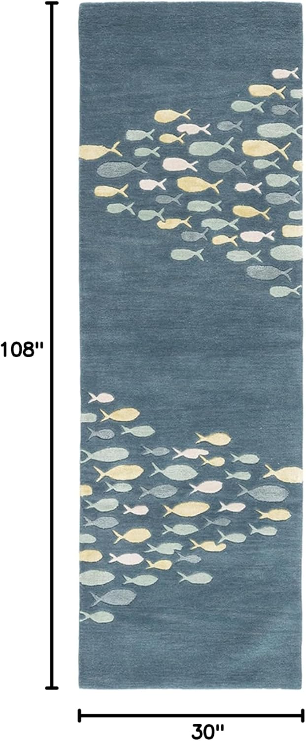 Costal Fish Blue Color 2.6' X 9' Feet Handmade Tufted Cut & Modern Style 100% Woollen Area Rug/Carpet