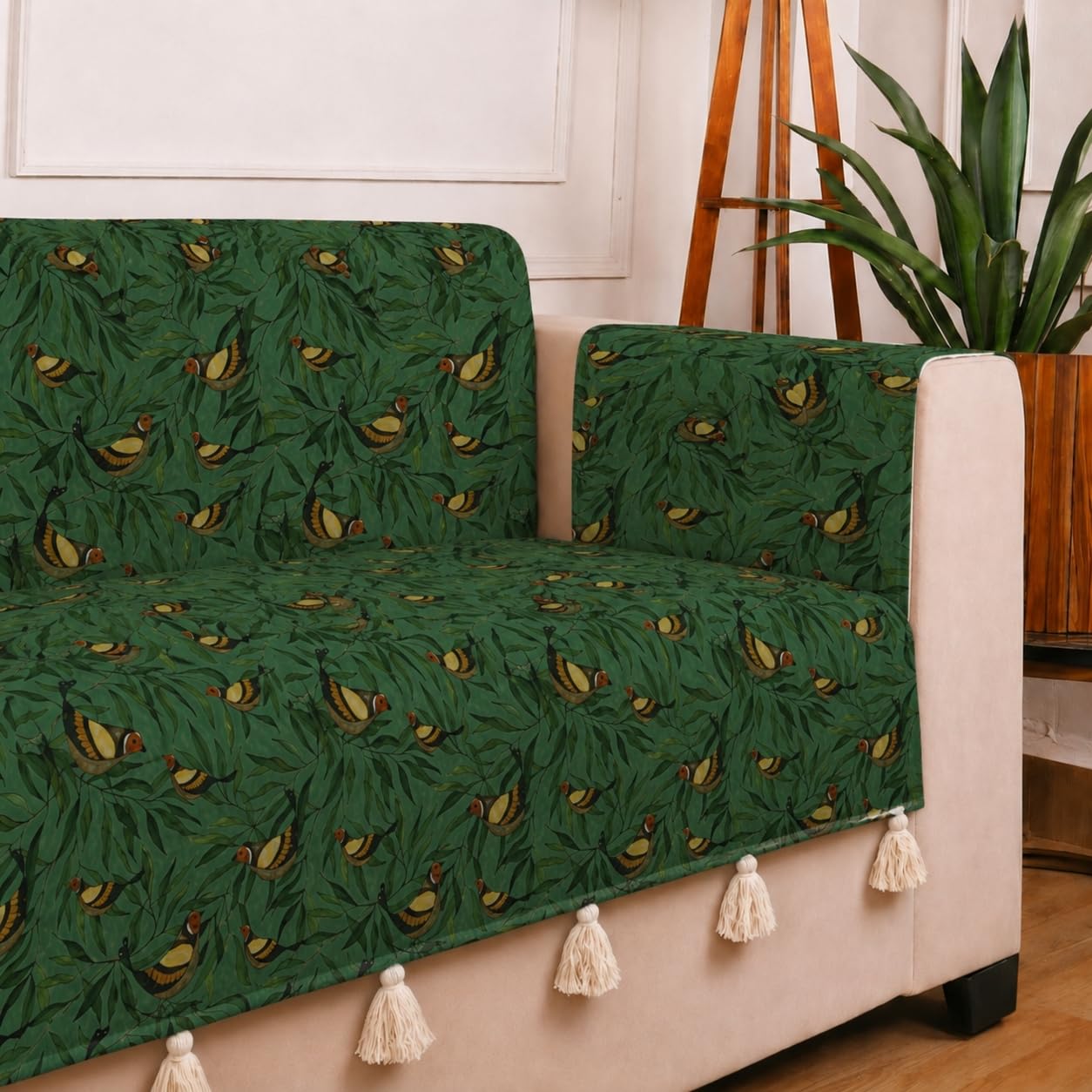 STITCHNEST 'Eden Weaves Collection Series' 2 Seater Sofa Cover | Full Coverage with Armrest Pockets | Elegant Woven Fabric, Decorative Tassels, Washable & Durable for Modern Living