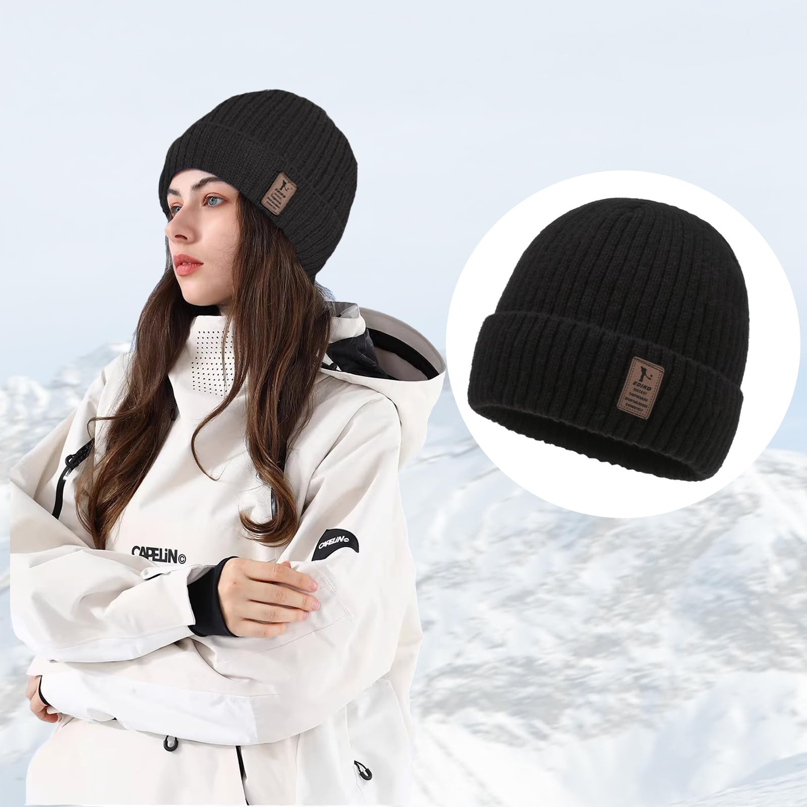 Negro Gorro de Punto Hombres y Mujeres, Invierno Termicos Gorro Beanie de Punto, Cálido Gorra de Polar, Gorros Cálidos de Invierno, Gorro de Punto Grueso