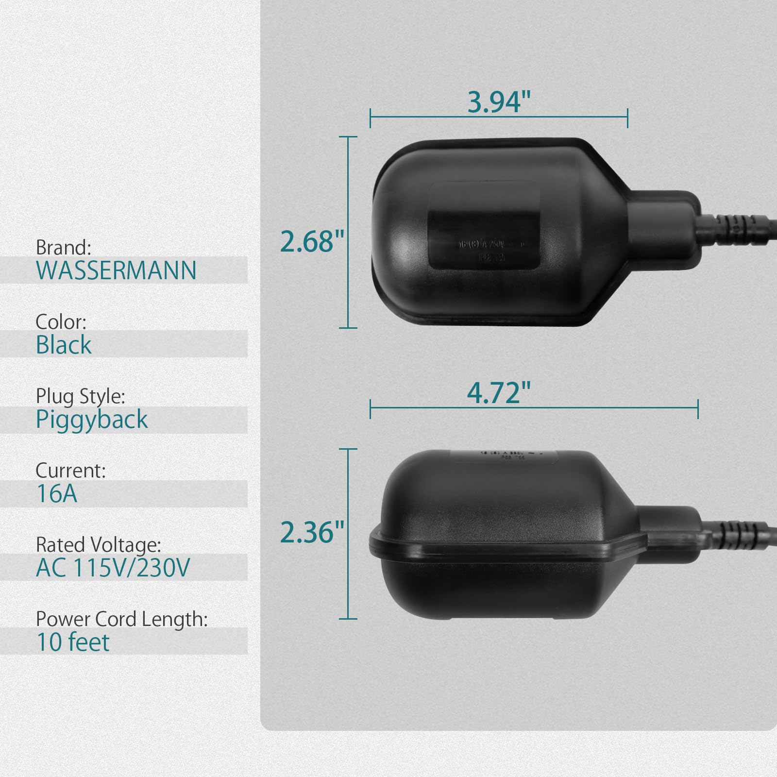 WASSERMANN Interruptor flotante universal para bomba de sumidero con cable de 10 pies (enchufe Piggyback), CA 115 V/230 V, 16 amperios, interruptor de flotador para tanques de agua, bomba de sumidero