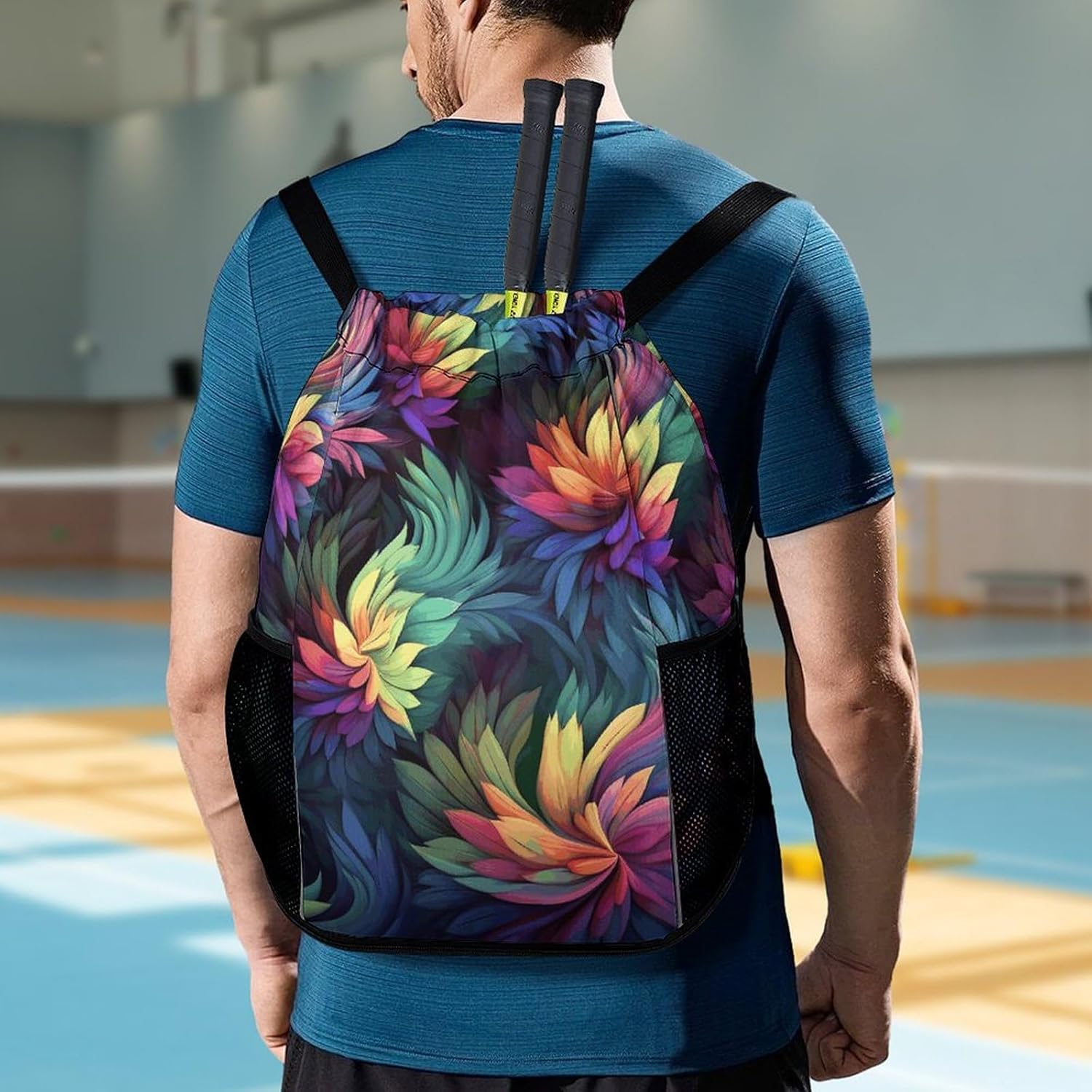 Sports Drawstring Backpack Colorful Flower Lightweight Backpack Dry And Wet Separation Large Capacity