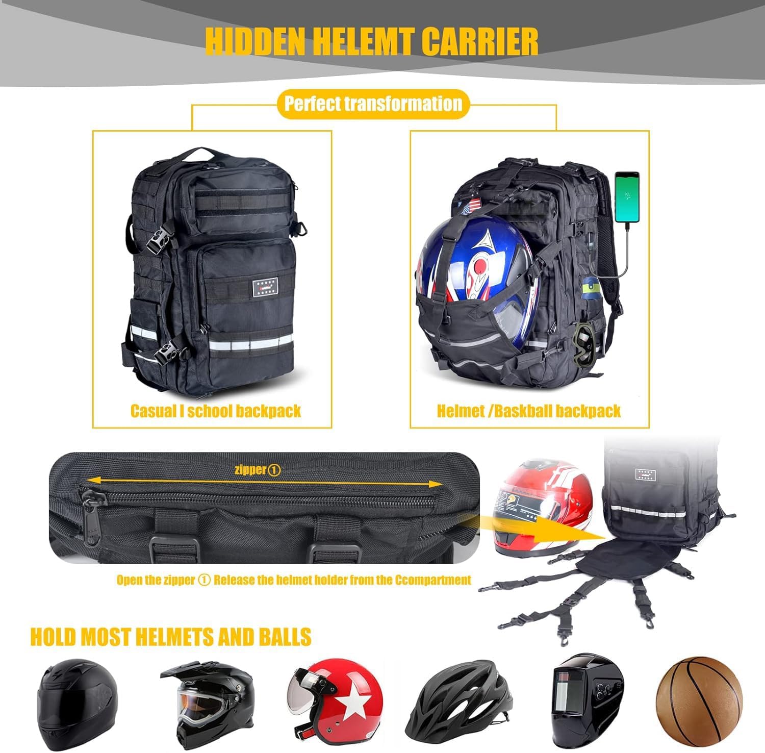 Zaino per casco da moto di grande capacità per uomo, zaini da trekking con porta di ricarica USB resistente all'acqua borse per casco da motociclismo zaino da equitazione
