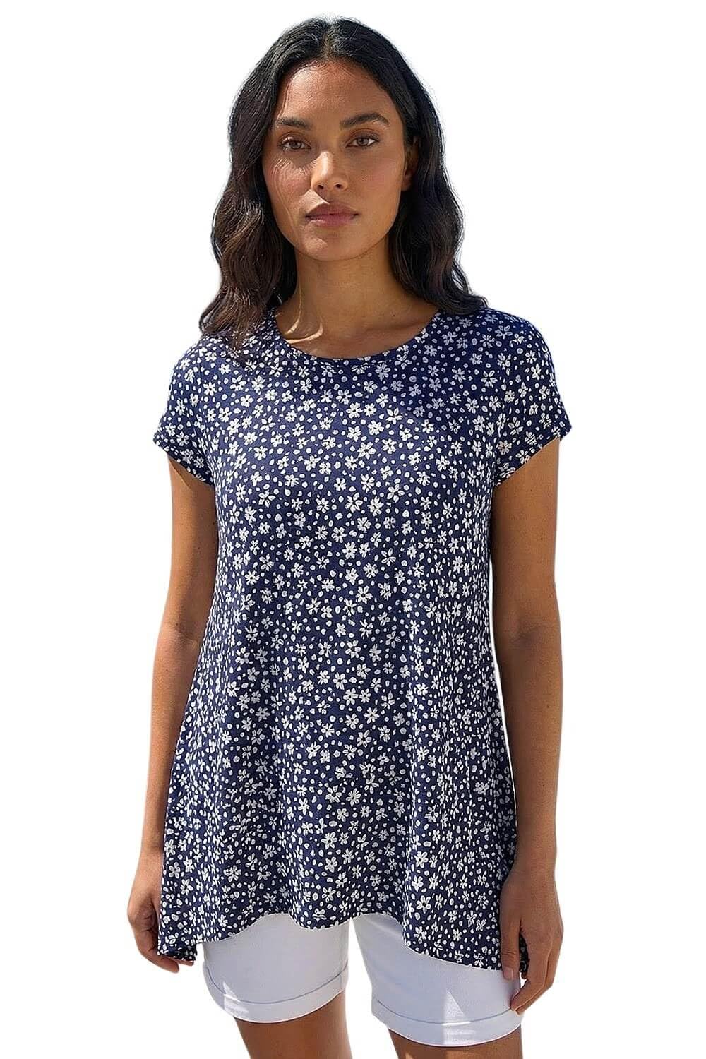 Roman Women's Navy Floral Hanky Hem Tunic Top In | : Size 12