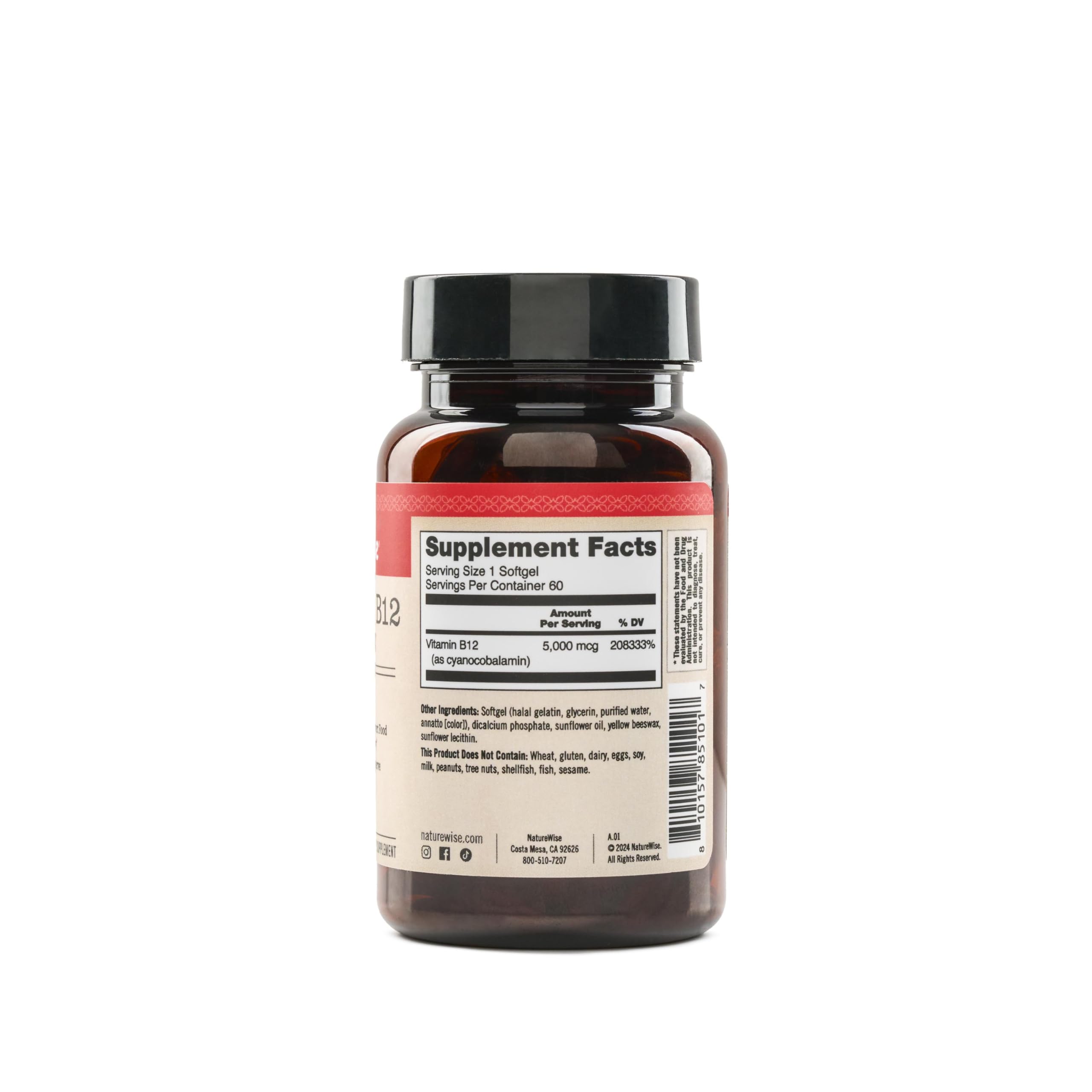 NatureWise Vitamin B12 5000 mcg - Extra Strength - Supplement for Supporting Energy Levels, Mental Clarity, Nervous System Health - Easy-to-Swallow, Soy and Gluten-Free, Non-GMO - 60 Softgels — Amazon image 3