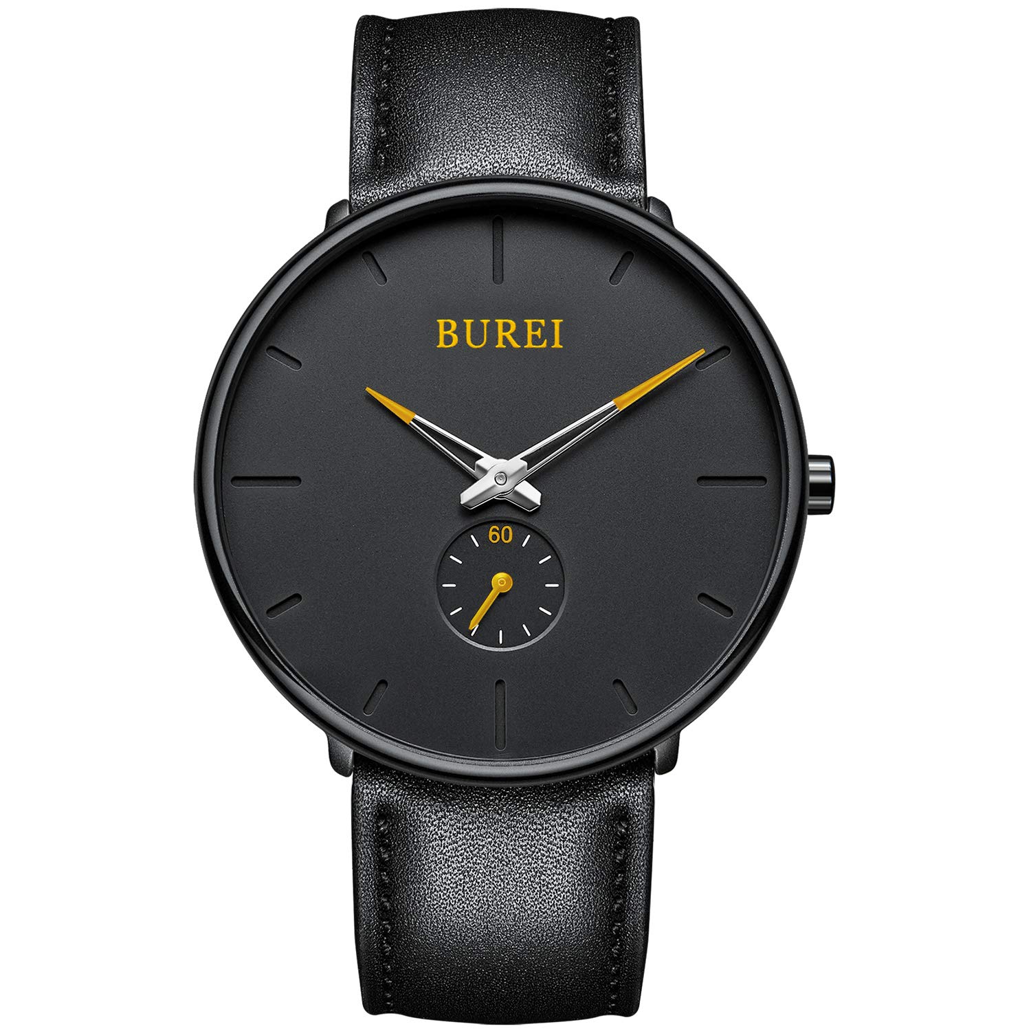 BUREI Men's Minimalist Watch Ultra Thin Quartz Wristwatch Black Dial with Leather Strap