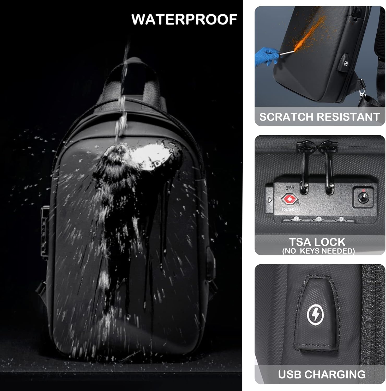 FENRUIEN Anti-Theft Crossbody Sling Backpack Bag for Men Hard Shell with USB, Shoulder Pack Lock Waterproof 10.2 inch Single Strap for Travel Hiking - Image 6