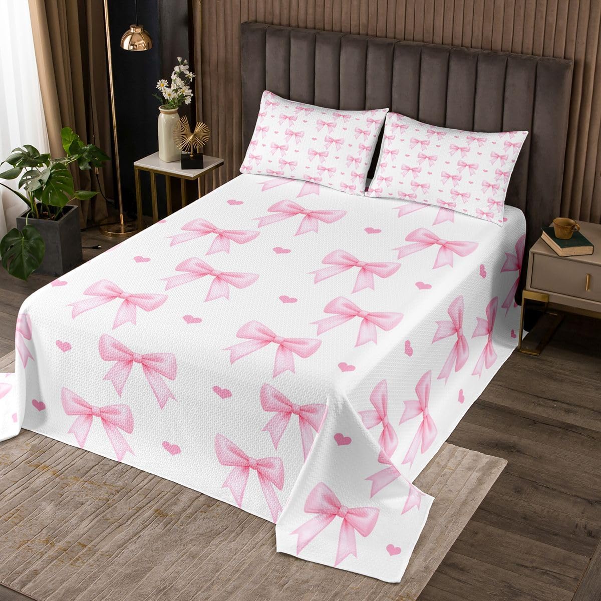 Erosebridal Fantasy Princess Bowknot Quilt Set Pink Watercolor Bow Queen Bedspread Set | Kawaii Decor Coverlet Sets Cute Preppy Princess Fashion Quilted