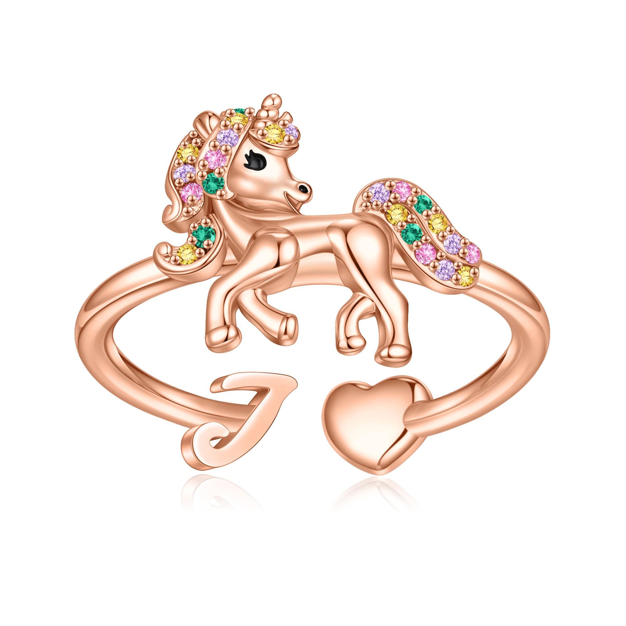 Unicorn Initial Rings for Teen Girls, Rose Gold/White Gold Plated Heart Initial Rings for Girls Adjustable Stackable Rings for Women Diny Heart Ring for Teen Girls Gifts Unicorns Gifts for Girls