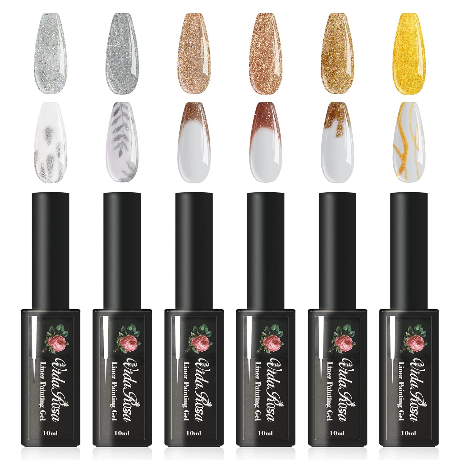 VidaRosa Glitter & Metallic, Professional Gel Nail Liner Polish Pens UV LED Painting Gel Polish Set for Nail Art Nail Design Nail Drawing Striping Strokes Details for Manicure Salon