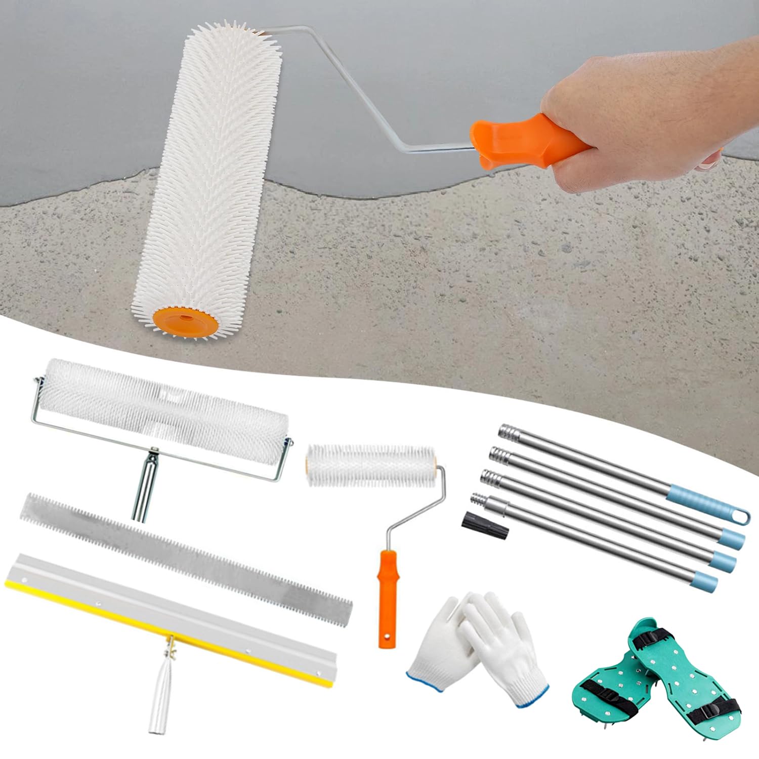 Kit De Herramientas De Autonivelación De Cemento - Herramientas De Cemento Autonivelante,Palo Telescopico Limpieza 175 Cm,Con Pinchos Para Cesped 30 Mm,Para Nivelar La Pared Del Suelo Compuesto