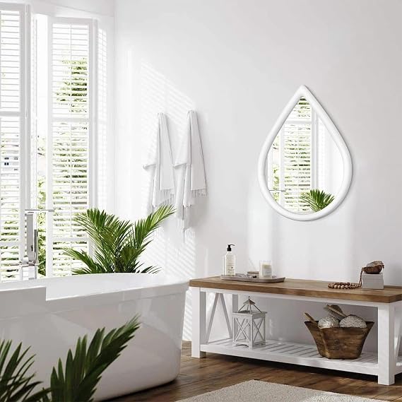 Wall Mirror Decorative Rustic Wood Framed Irregular Farmhouse White Hanging Mirror for Bedroom & Bathroom - Teardrop Shape, 50x40cm