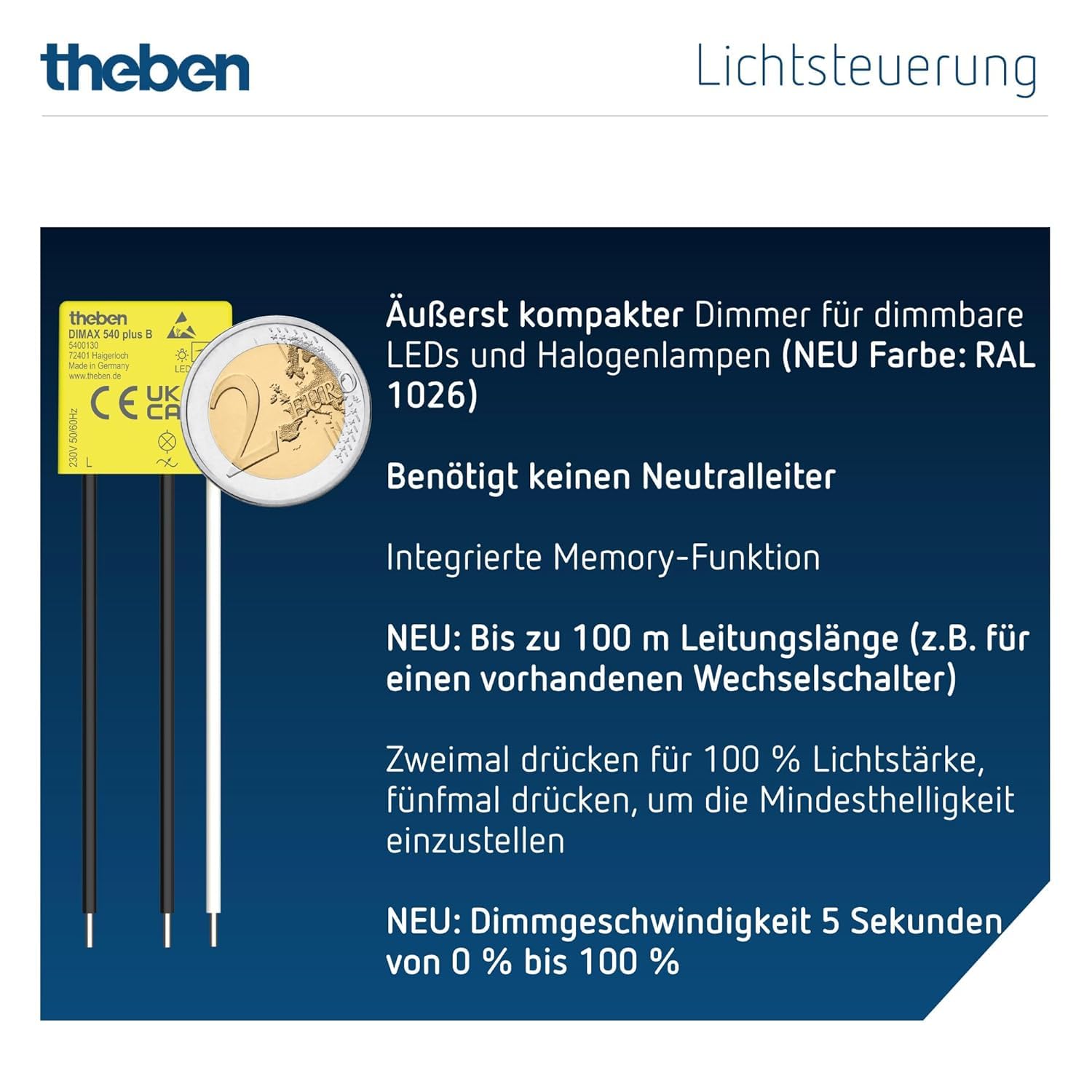 Theben Multipack 5400130 DIMAX 540 plus B, 4 Stück Mini Unterputz-Dimmer | 4er Set ultrakompakter UP-Dimmer (25,5 x 26,4 x 10,4 mm) für R/C-Lasten, benötigt keinen Neutralleiter, 100 m Kabellänge