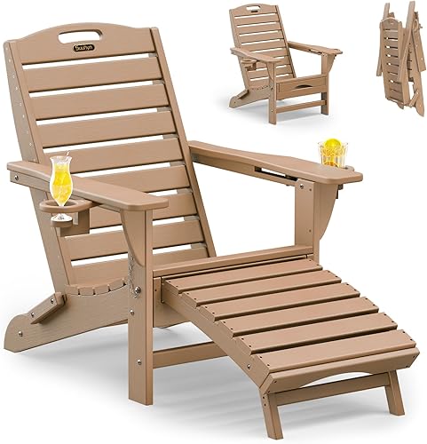 Silla plegable Adirondack con otomana retráctil, resistente a la intemperie, silla de patio con 2 portavasos, silla de jardín al aire libre (teca)