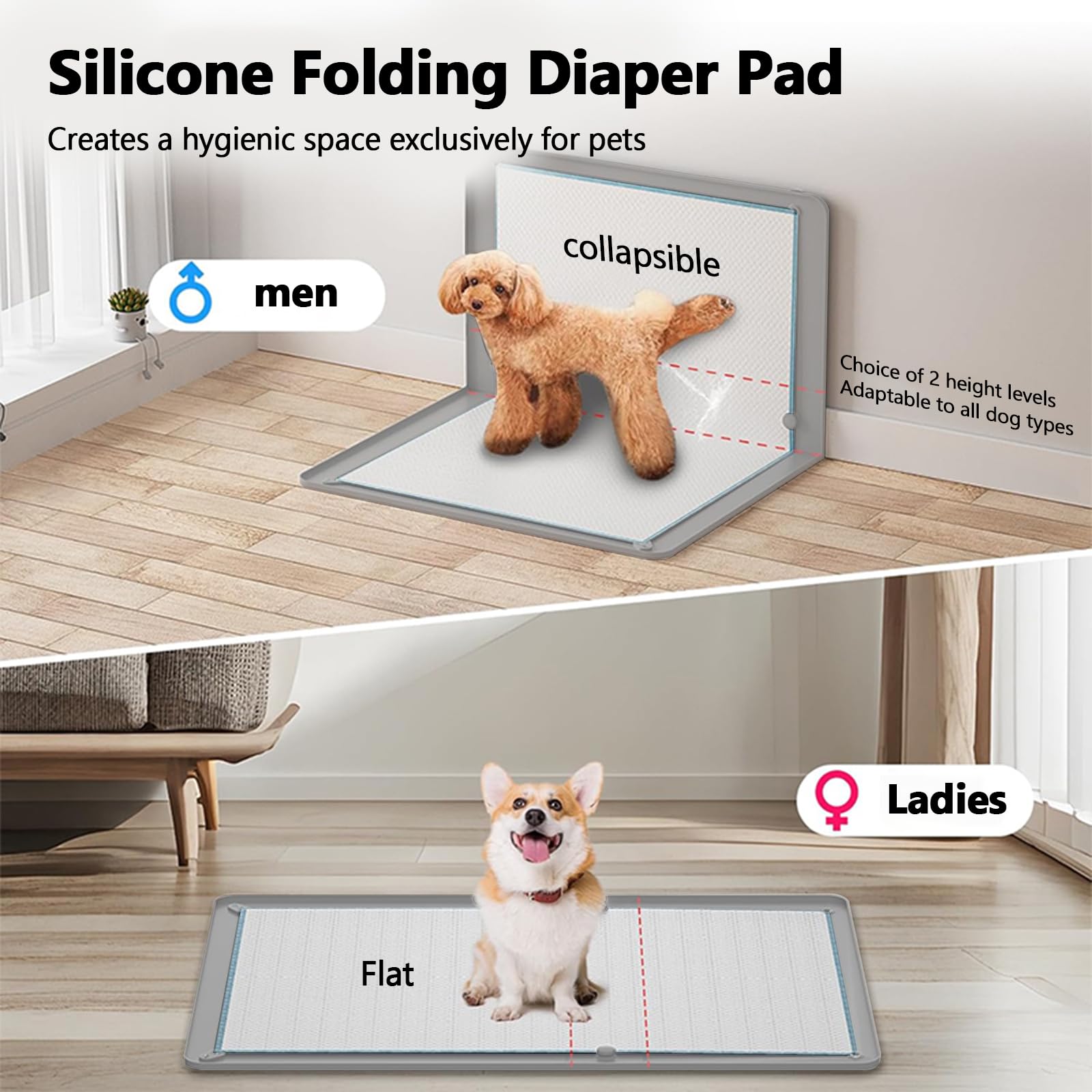 Support en silicone avec ventouses, hauteur réglable, étanche, bac à litière antidérapant pour tapis jetables/lavables, protection de sol et de mur (pliable) (gris)