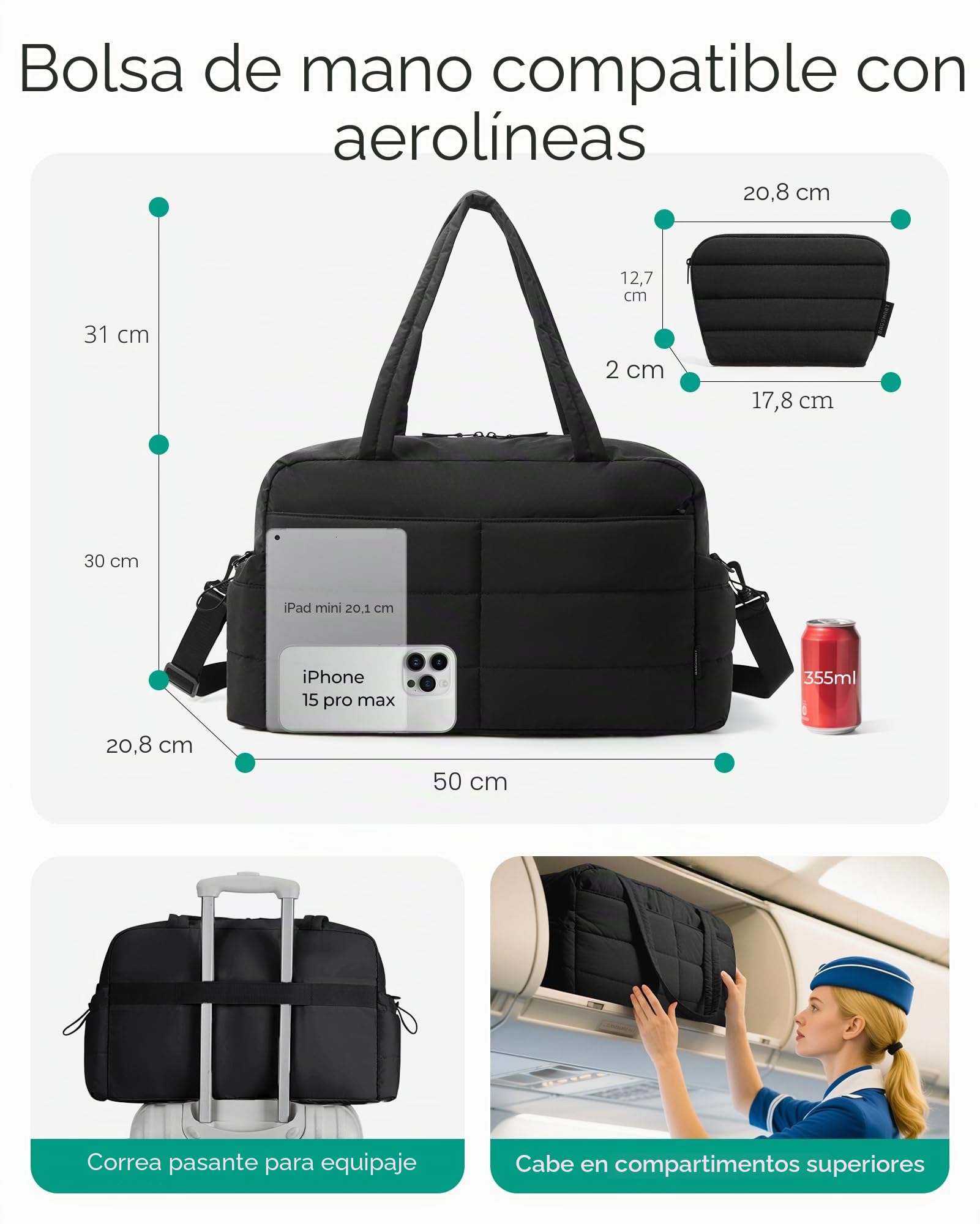 BAGSMART Bolsa de viaje de deporte para mujer, 31 L, resistente al agua, bolsa de equipaje de mano, bolso de fin de semana, acolchado para ordenador portátil, equipaje de mano con bolsa de cosméticos