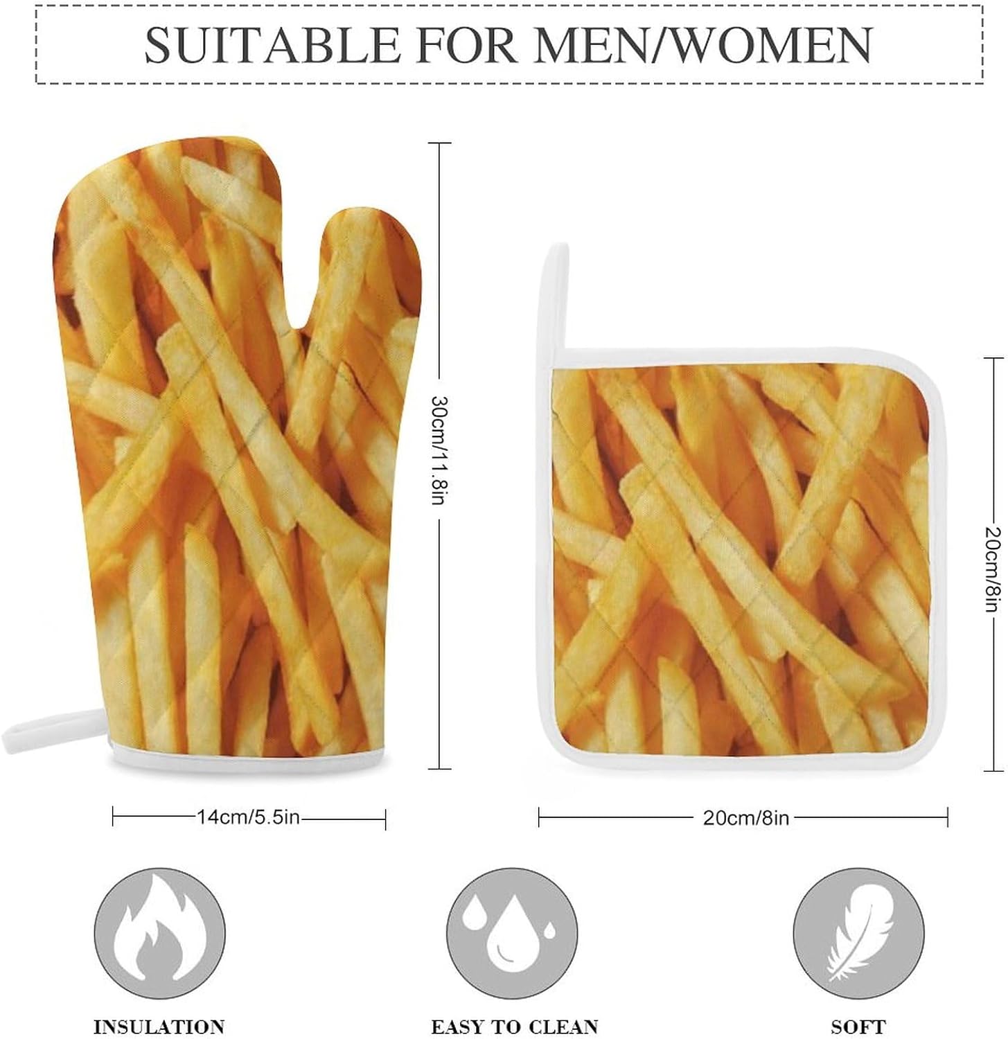 Frying French Fries Print Oven Mitts and Pot Holders 3 Piece Sets Heat Resistant Gloves Hot Pads Potholders for Kitchen Baking Cooking