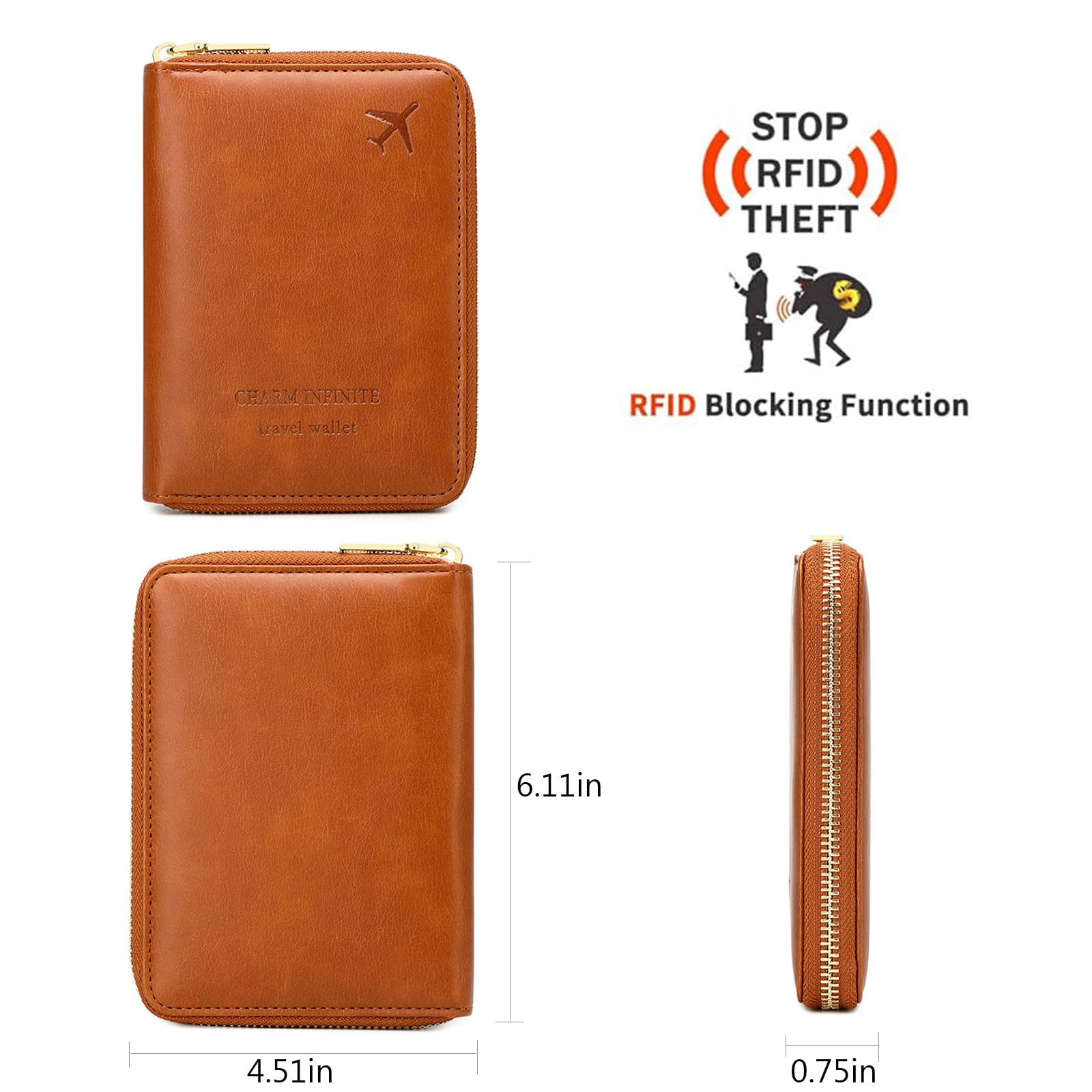 Funda para pasaporte con cierre de cremallera seguro, bloqueo RFID, piel sintética, impermeable, cartera de viaje para mujeres y hombres, Azul oscuro, Cartera para pasaporte Rfid