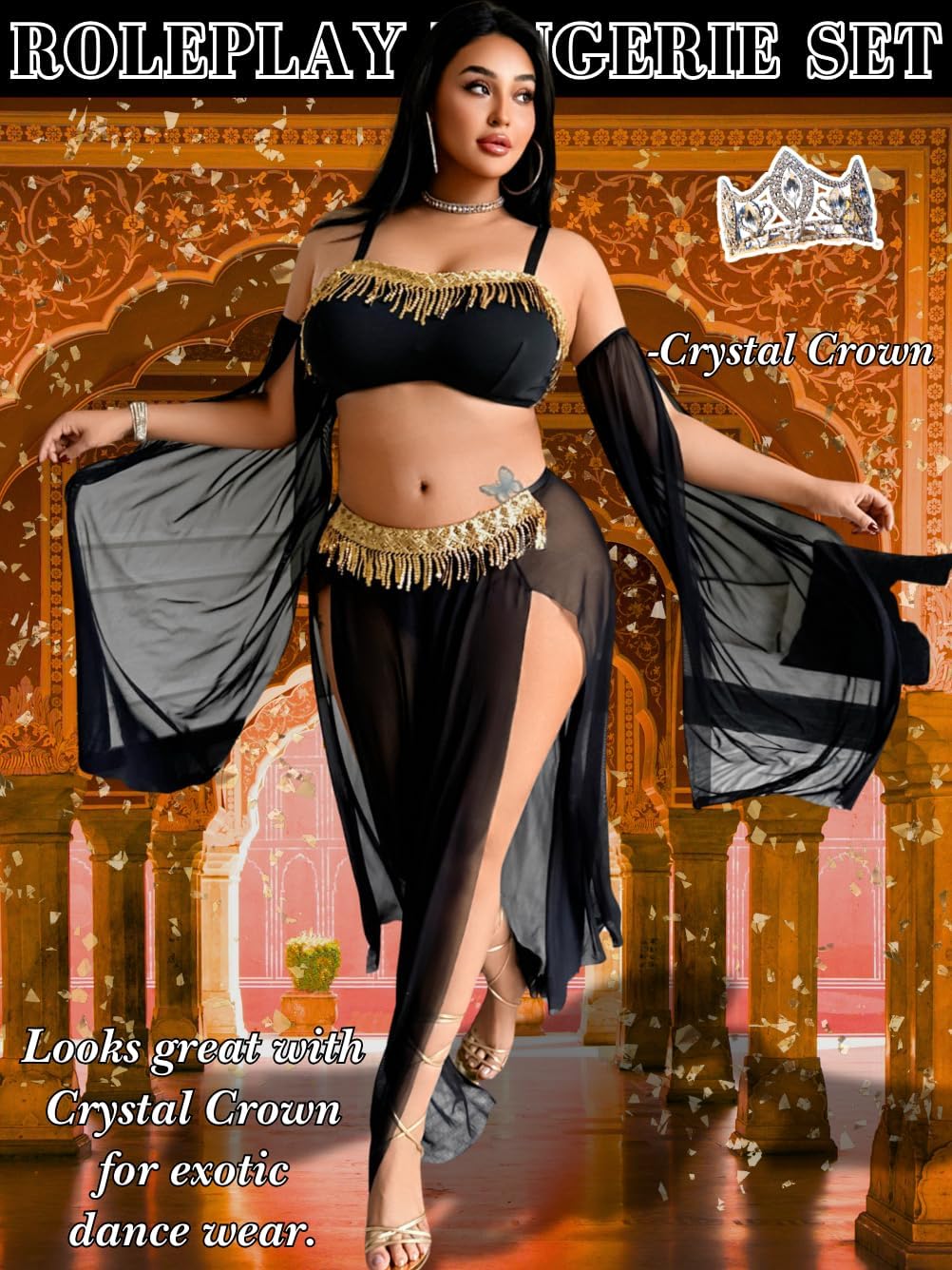 Plus Size Belly Dancer Outfit,Sheer High Slit Skirt Exotic Dancewear,4 Piece Sexy Rave Genie Costume Woman - Image 7