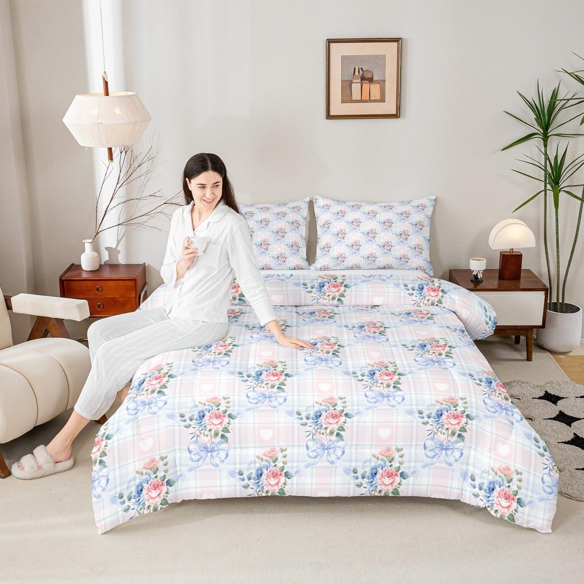 Feelyou Pink and Blue Floral Bow Bedding Set Soft for Boys Girls, Cute Bowknot Comforter Set Twin Size Rose Flower Duvet Quilt Microfiber Bedroom Decor 2 Pcs with 1 Pillow Cases
