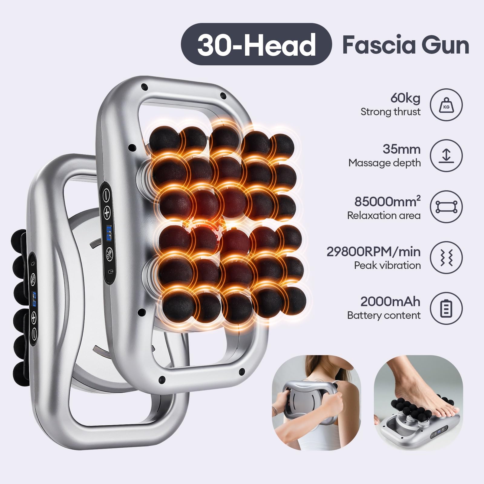 Pistola de masaje de 30 cabezales con 3 modos de masaje y 30 velocidades ajustables | Masajeador de tejido profundo con luz roja para espalda, hombros, piernas, pies y dolor muscular corporal