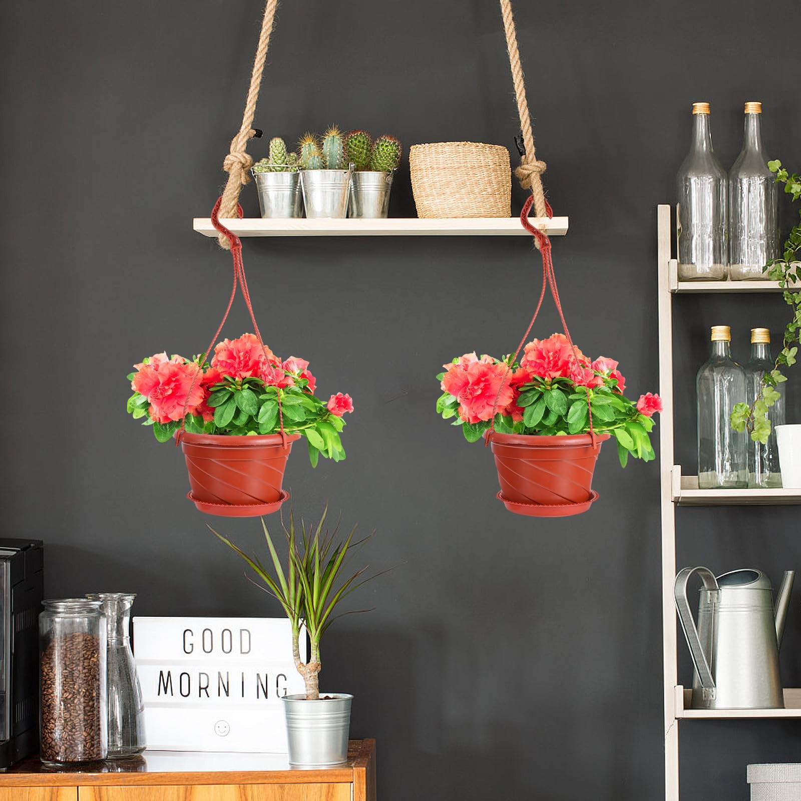 PLAFOPE 10ensembles Lot de Pots de Fleurs Suspendus Plastique Rouge Support pour Plantes Vertes Accessoires de Jardin pour Intérieur et Extérieur de Jardinières avec Casiers et Plateaux