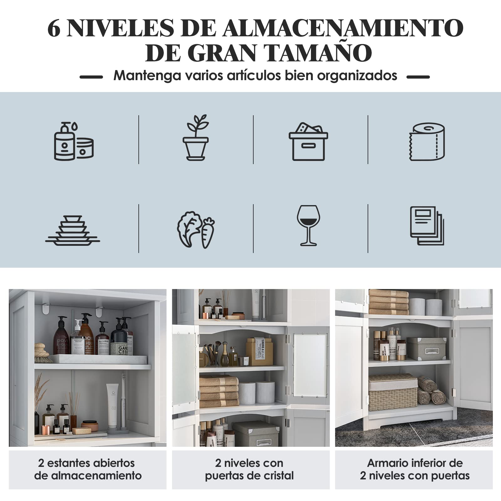 COSTWAY Armario Alto de Baño con 2 Puertas y 1 Cajón, Armario Independiente con Estantes Ajustables y Puerta de Vidrio Esmerilado, Mueble Columna para Sala Dormitorio (Blanco, 4 Puertas)