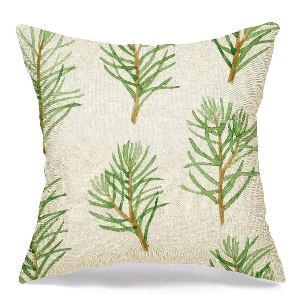 Anmbsk Pillowcase Cushion Case Brown Beautiful Green Fir Tree Branches Leaves Herbs Nature Watercolor Botanical Botany Branch Cozy Linen Square Decorative Throw Pillow Covers for Couch Bed 20x20 Inch