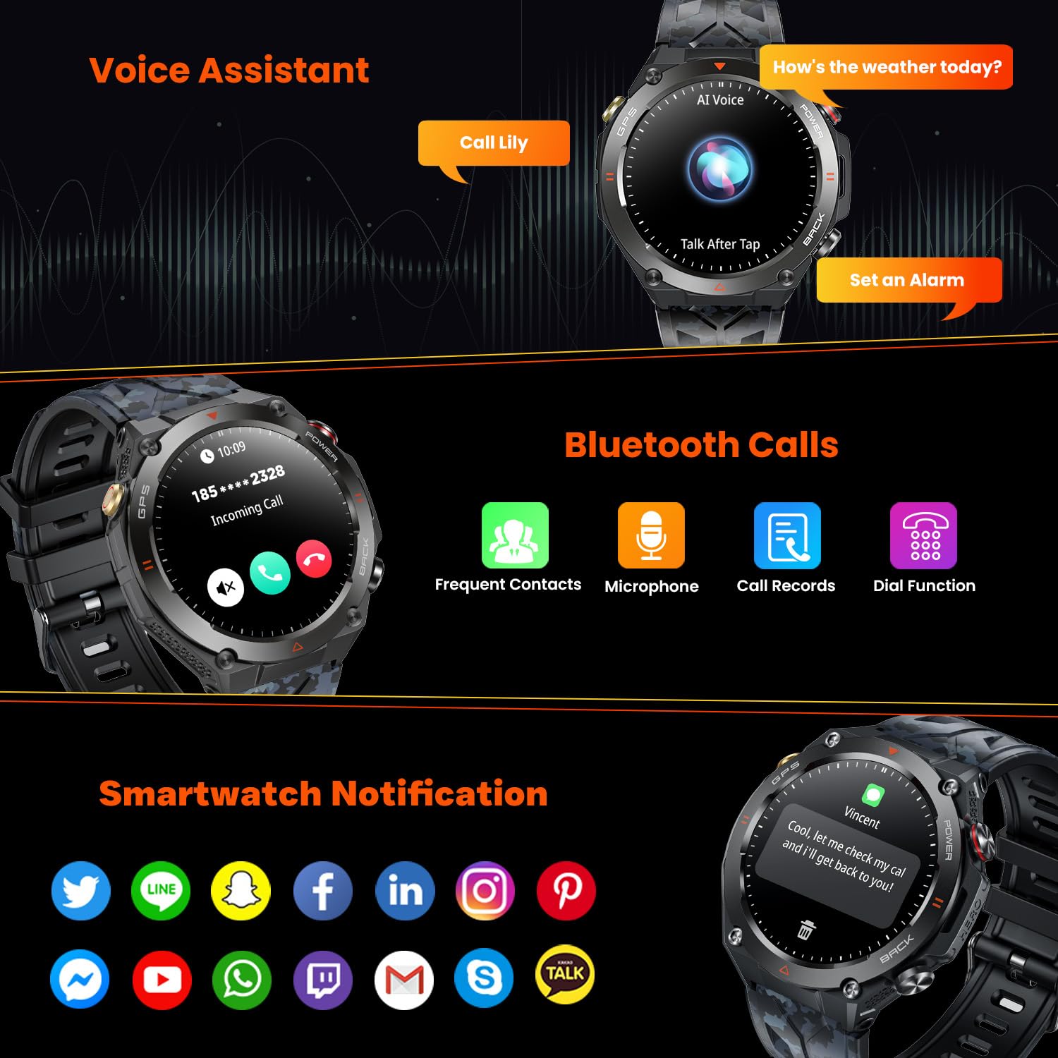 Montre Connectée GPS Homme - Écran AMOLED 1,43", Boussole, Baromètre, Appels Bluetooth, 100+ Modes Sport, étanche 3ATM