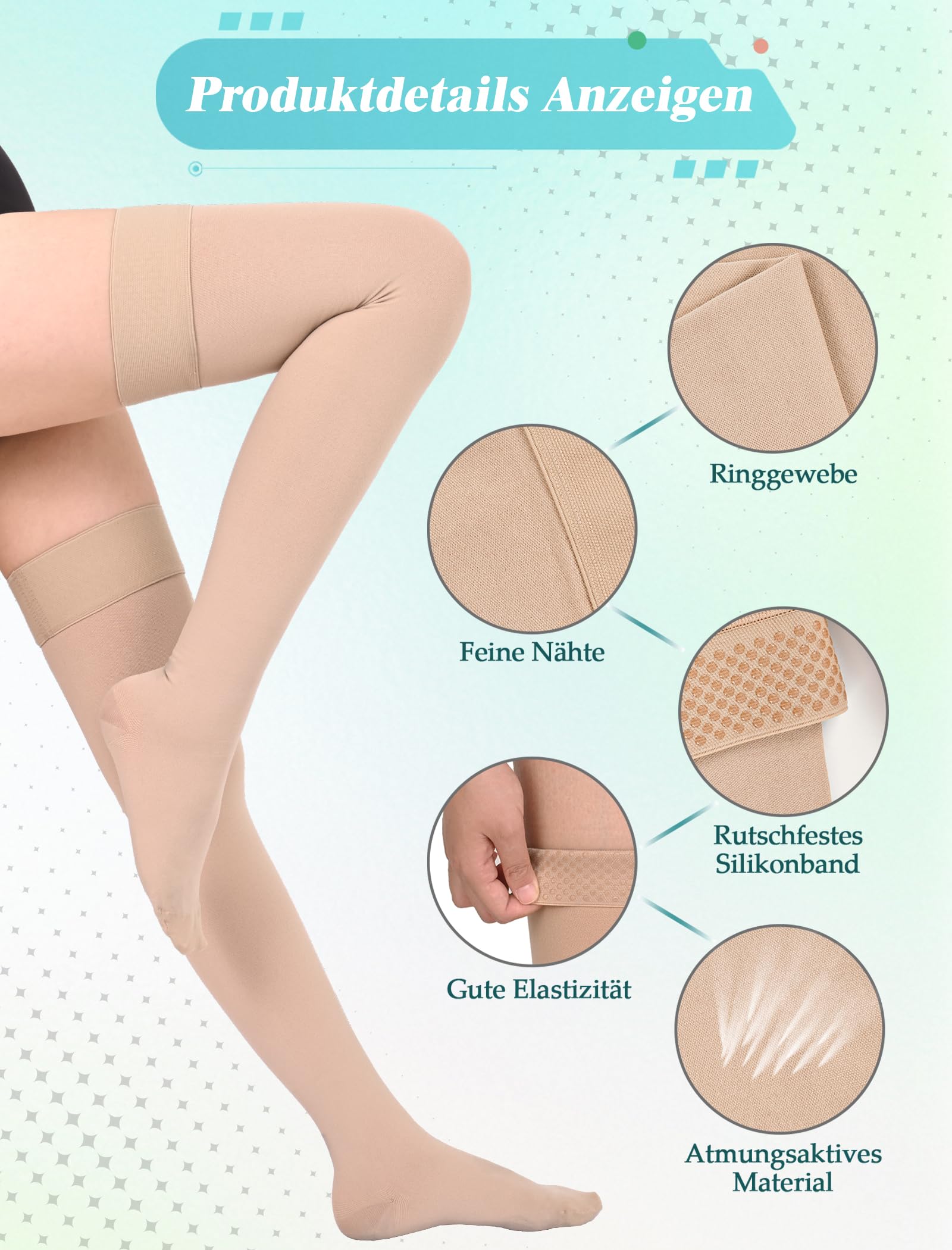 20-30 mmHg Bas de compression médicale pour homme et femme Classe 2 Bas de contention longs à la cuisse Bout fermé Chaussettes de compression avec bande en silicone pour varices, œdèmes, vol