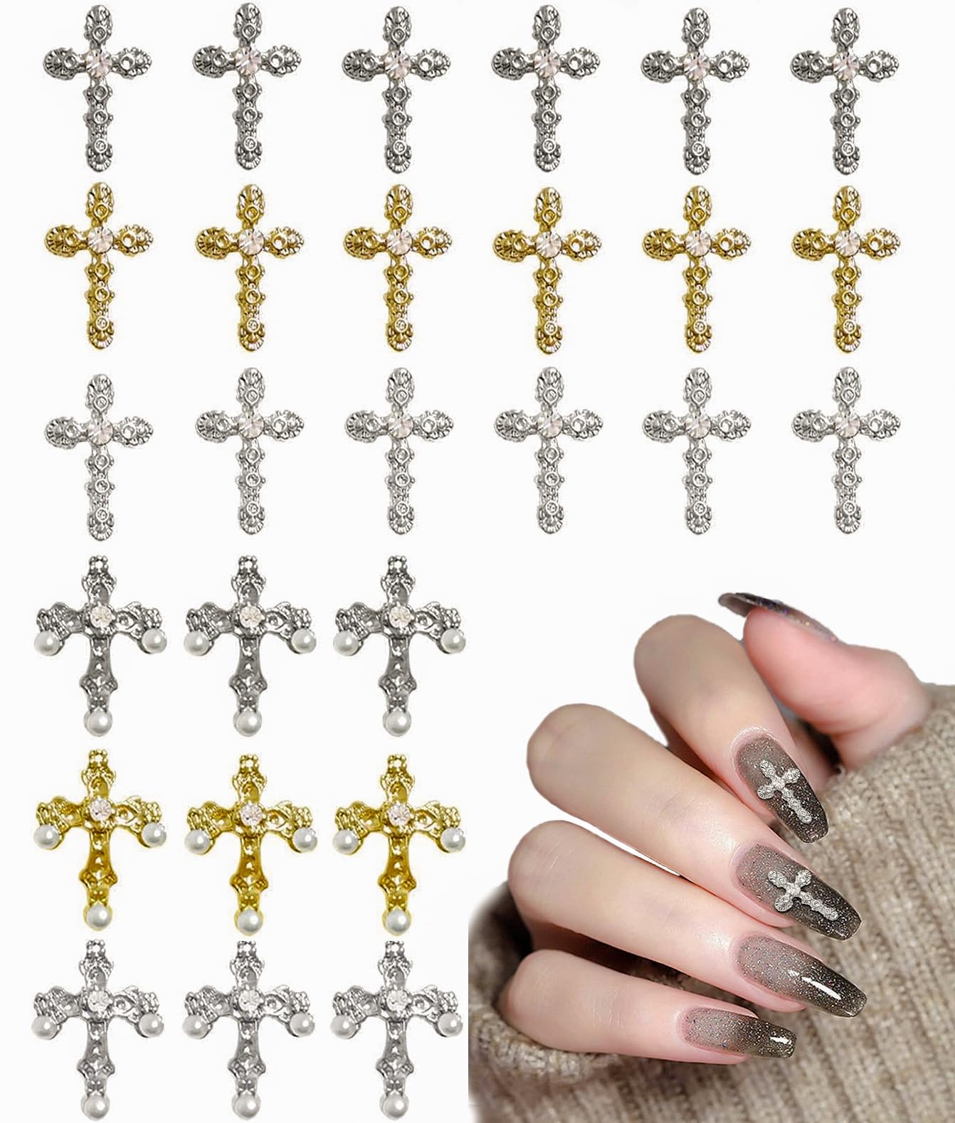 Amazon.co.jp: パールクロスネイルチャーム-シルバークロスネイル