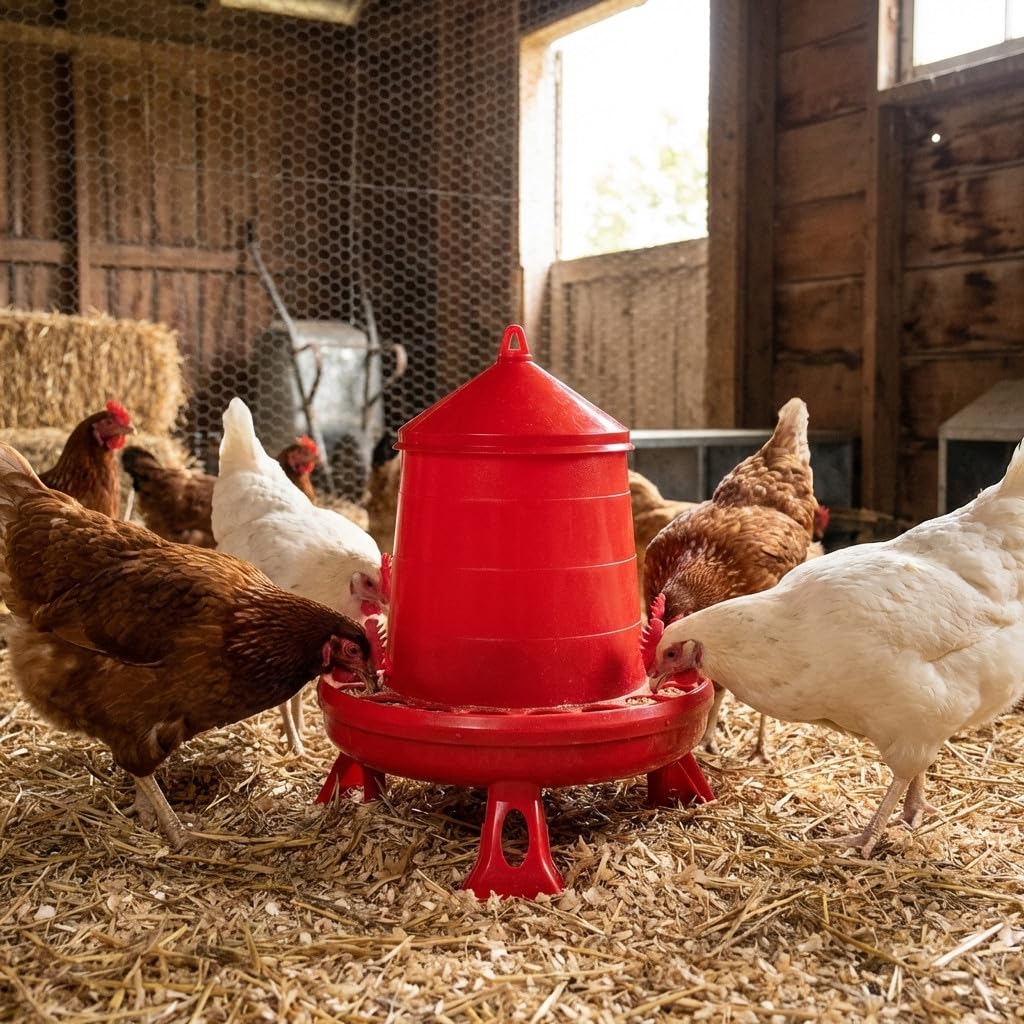 Suinga Tramoggia mangiatoia plastica galline con gambe 8 kg, 37x37x45 cm, rosso