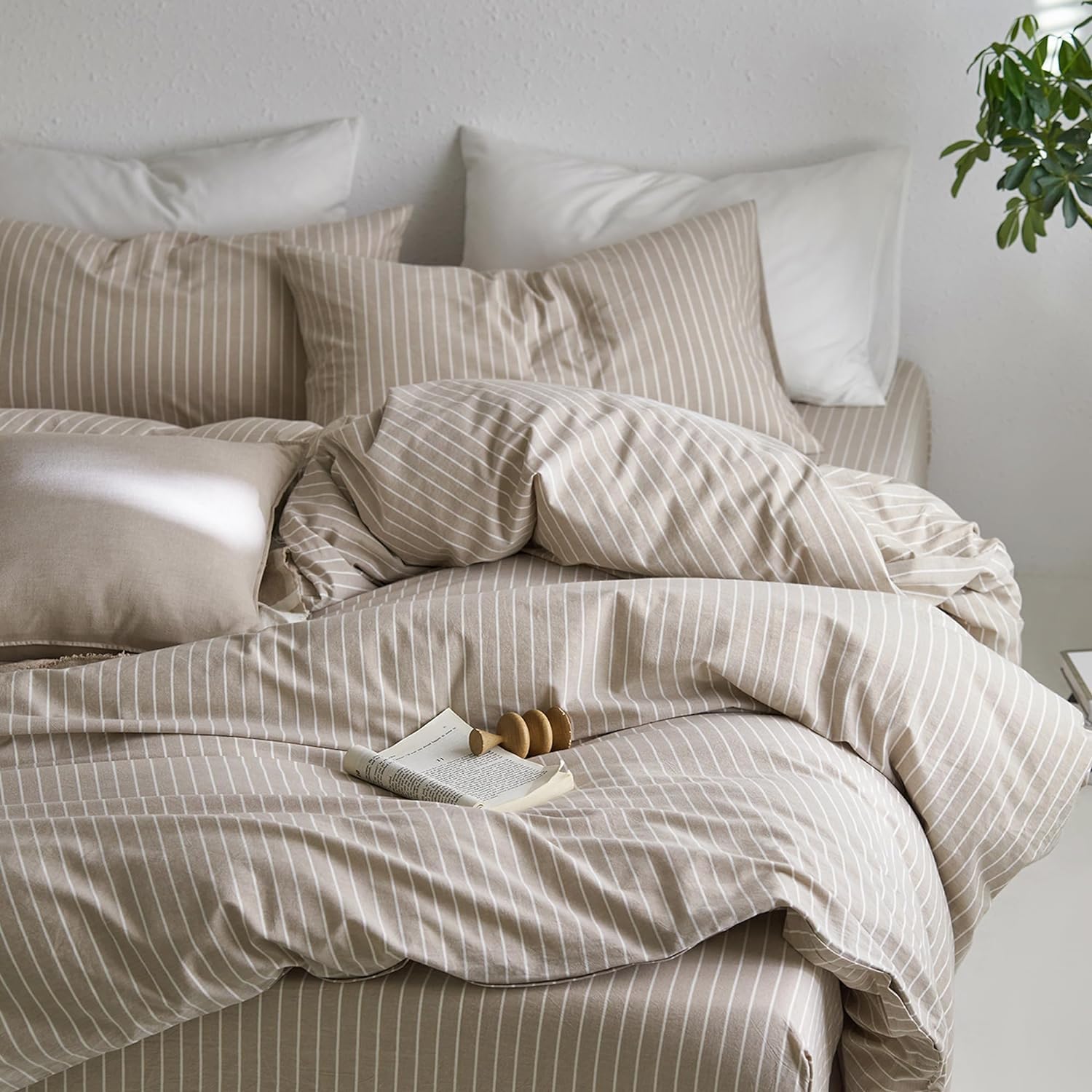Sedefen Bettwäsche 220x240 cm Baumwolle Khaki Taupe Gestreift Baumwollbettwäsche Set,Renforce Bettbezug und 2 Kissenbezug 80x80cm mit Reißverschluss