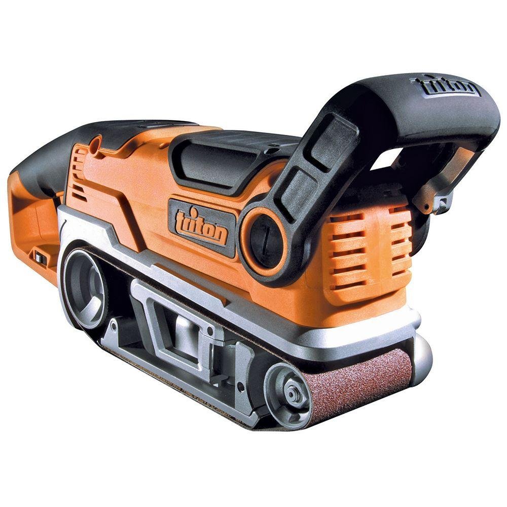 Triton TA1200BS Belt Sander, orange and black, with a sanding belt visible.