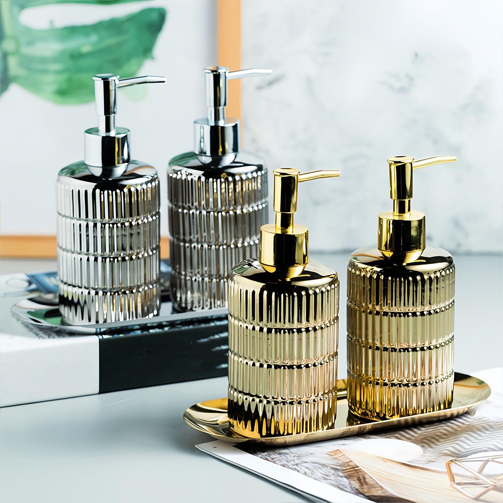 Ceramiczny dozownik mydła 350 ml, butelka na balsam z pompką do łazienki i kuchni Decoracion Para Cocina (Sliver 2 Set)