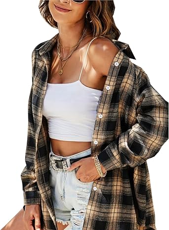 TONCHENGSD Womens Long Sleeve Button Down Plaid Shirt Jacket Shackets Blouse Tops