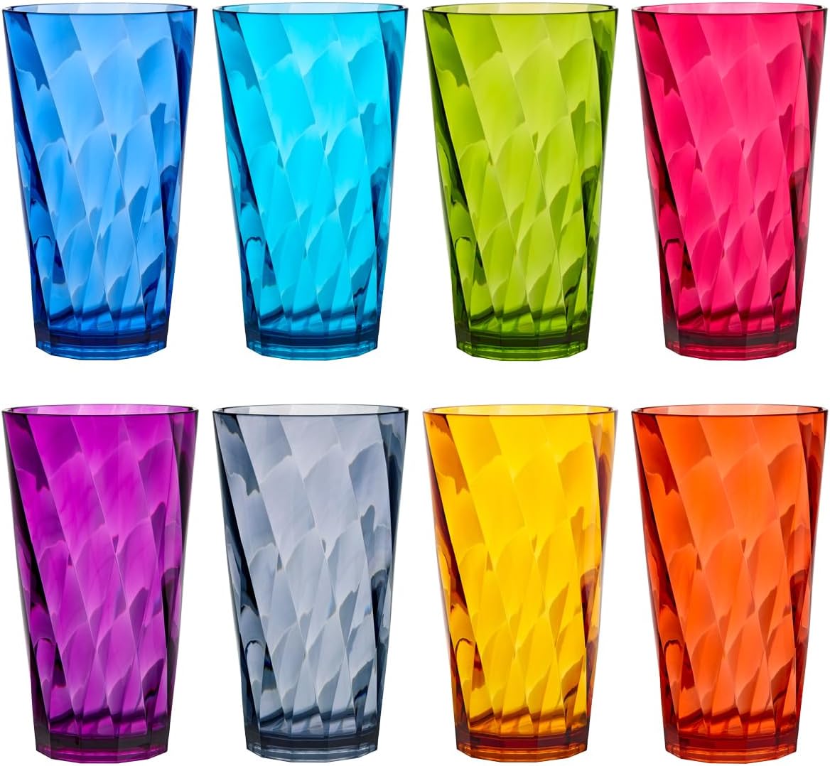 US Acrylic Optix 20 ounce Plastic Stackable Water Tumblers in Jewel Tone Colors | Set of 8 Drinking Cups | Reusable, BPA-free, Made in the USA, Top-rack Dishwasher Safe