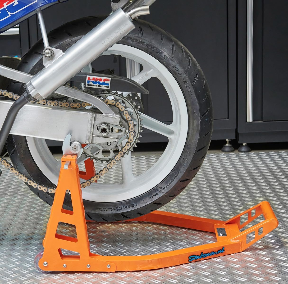 Motorrad Ständer Hinterrad Montageständer MotoGP - Orange - Aluminium 3 kg, Hebekapazität 250 kg, Verstellbar 24–36 cm, Kompatibel mit Bobbins M6 M8 M10 M12
