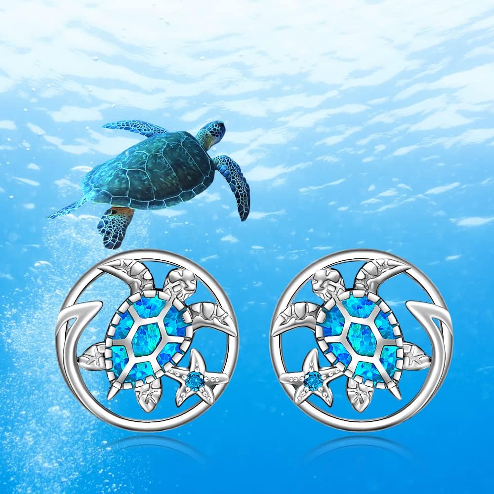 Turtle Earrings for Women Sterling Silver Hawaii Blue Opal Sea Turtle Wave Earrings Starfish Stud Animal lover Jewelry Gifts