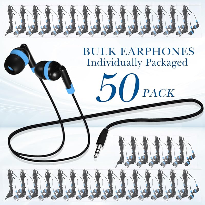 Kanayu 50 Pack Wired Earbuds Bulk for Classroom, No Mic 3.5mm, Blue image 2