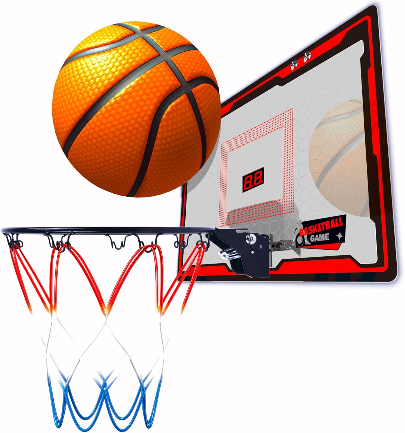 POCO DIVO Over The Door Basketball Hoop, Mini LED Lights 3-Mode Scoreboard, Kids Cheerful Game 2 Balls Set, Indoor Mounting Classic Sports, Boys Girls Room Toy Gift Adult Office Party Play, Red