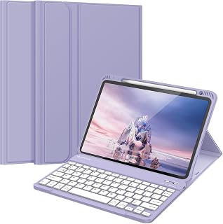 Fintie Keyboard Case for iPad Air 5th Generation (2022) / iPad Air 4th Gen (2020) 10.9 Inch with Pencil Holder - Soft TPU Back Cover with Magnetically Detachable Bluetooth Keyboard, Lilac Purple