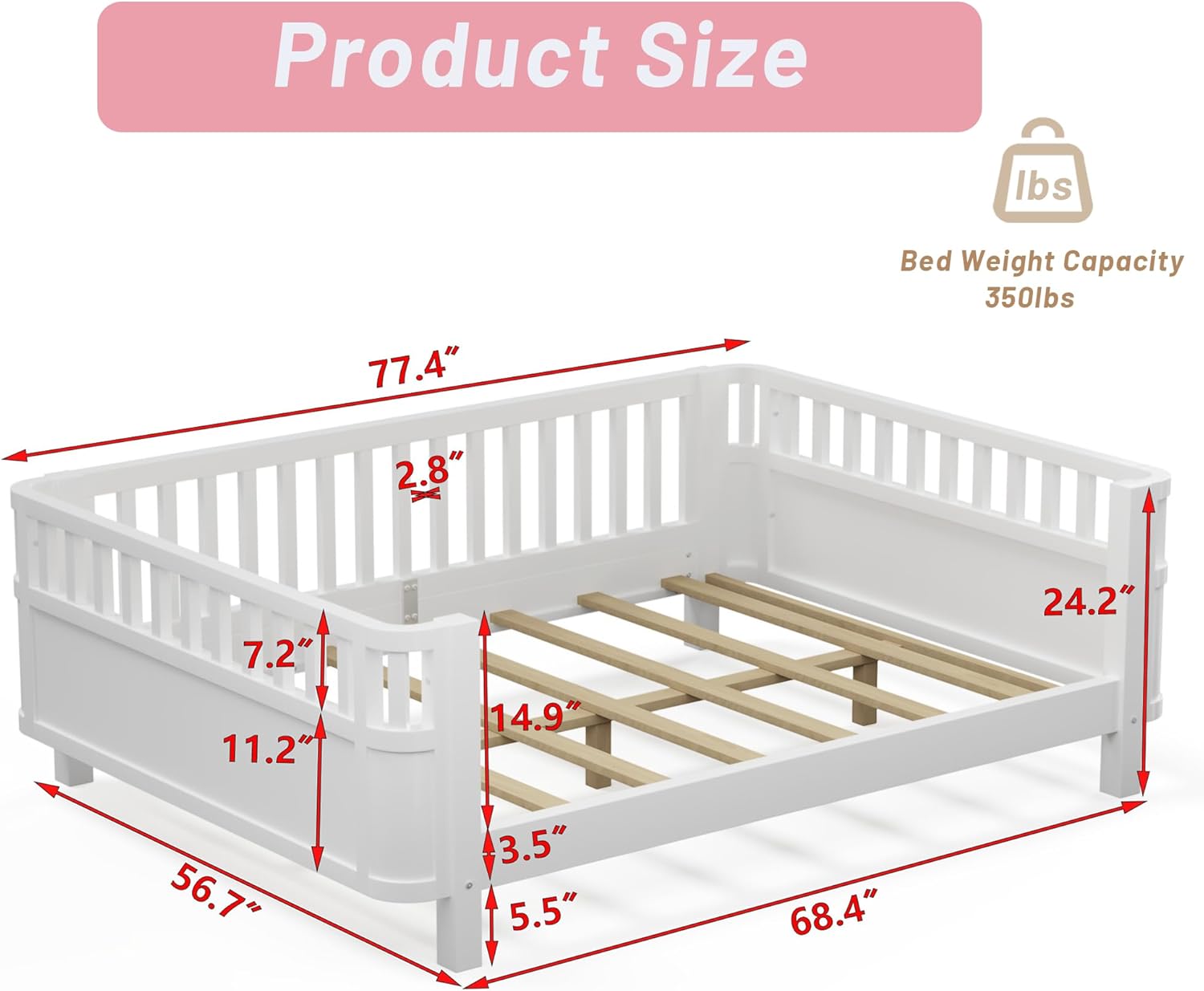 Full Kids Floor Bed Frame with Rails, Wood Low Montessori Platform Bed with Slats Support, Modern Daybed with Detachable Side Rails, Space Saving Kids Beds for Boys Girls Bedroom, White
