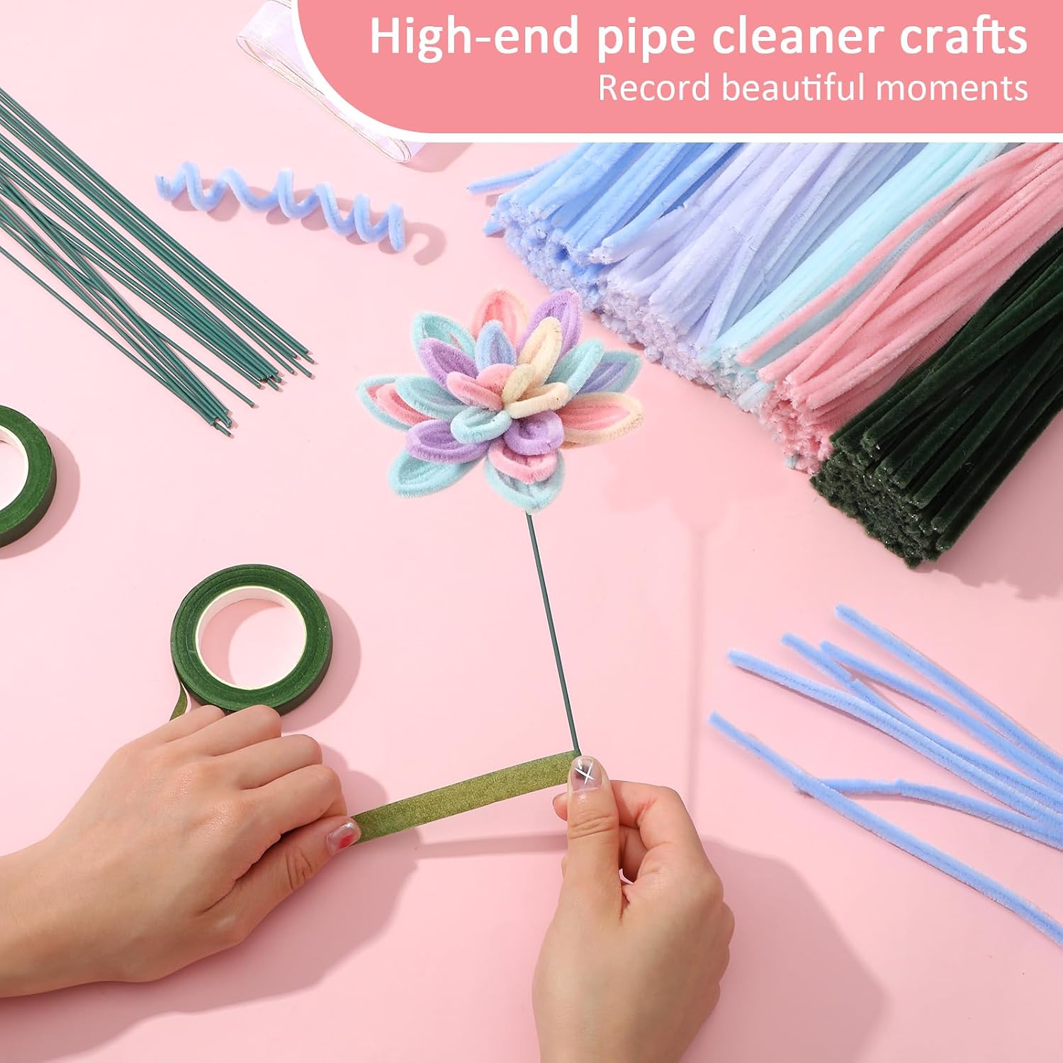 400 Pcs Pipe Cleaner Flowers 5 Assorted Colors Flower Pipe Cleaner Kit Chenille Stems Flowers Craft for DIY Pipecleaner Flower Making Kit with Floral Wires, Gardening Tape,Stamen& Ribbon (Colorful)