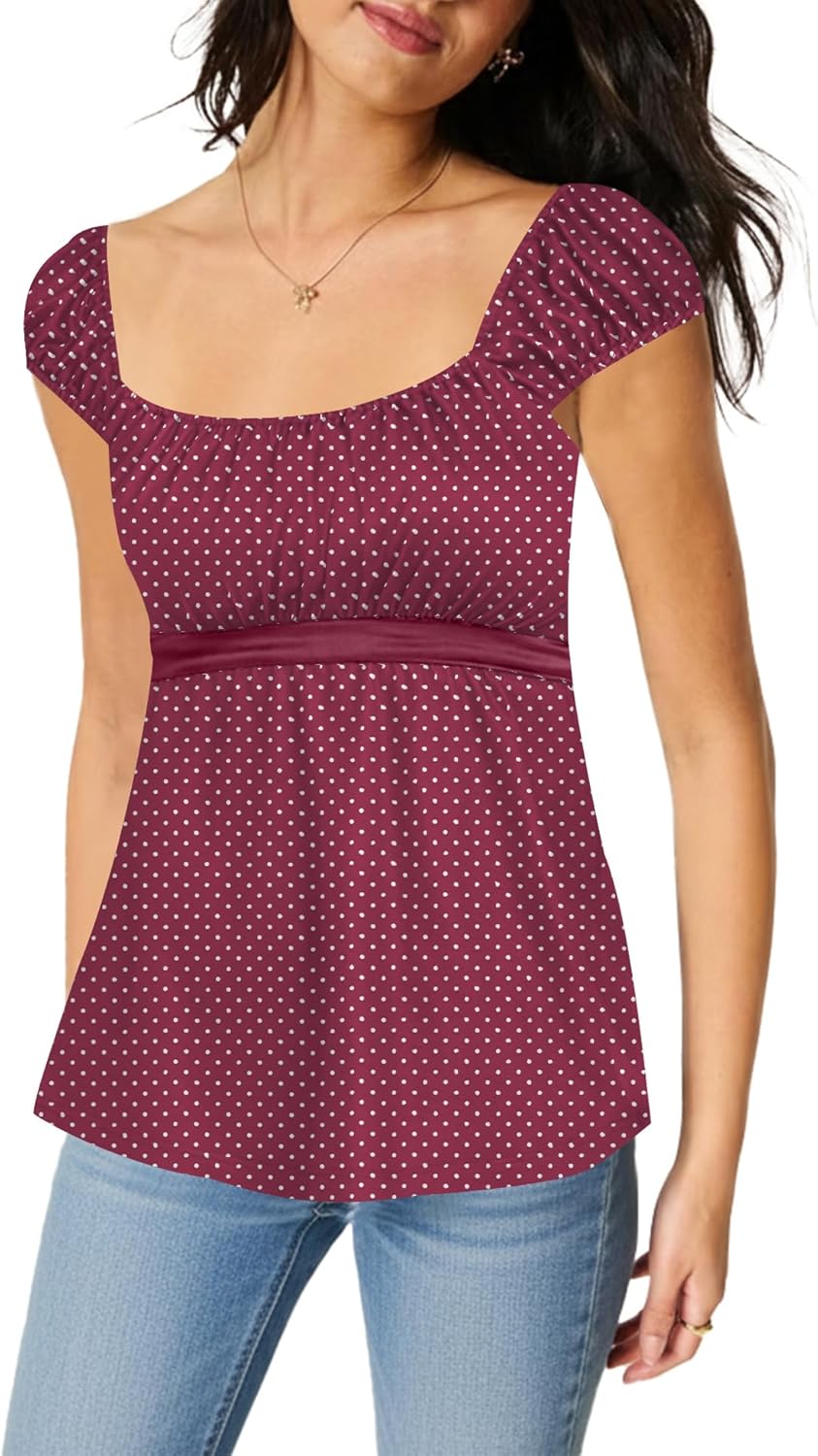 Rapbin Babydoll Tops for Women 2026 Spring Summer Y2k Square Neck Peplum Baby Doll Tank Cap Sleeve Tie Going Out Shirts