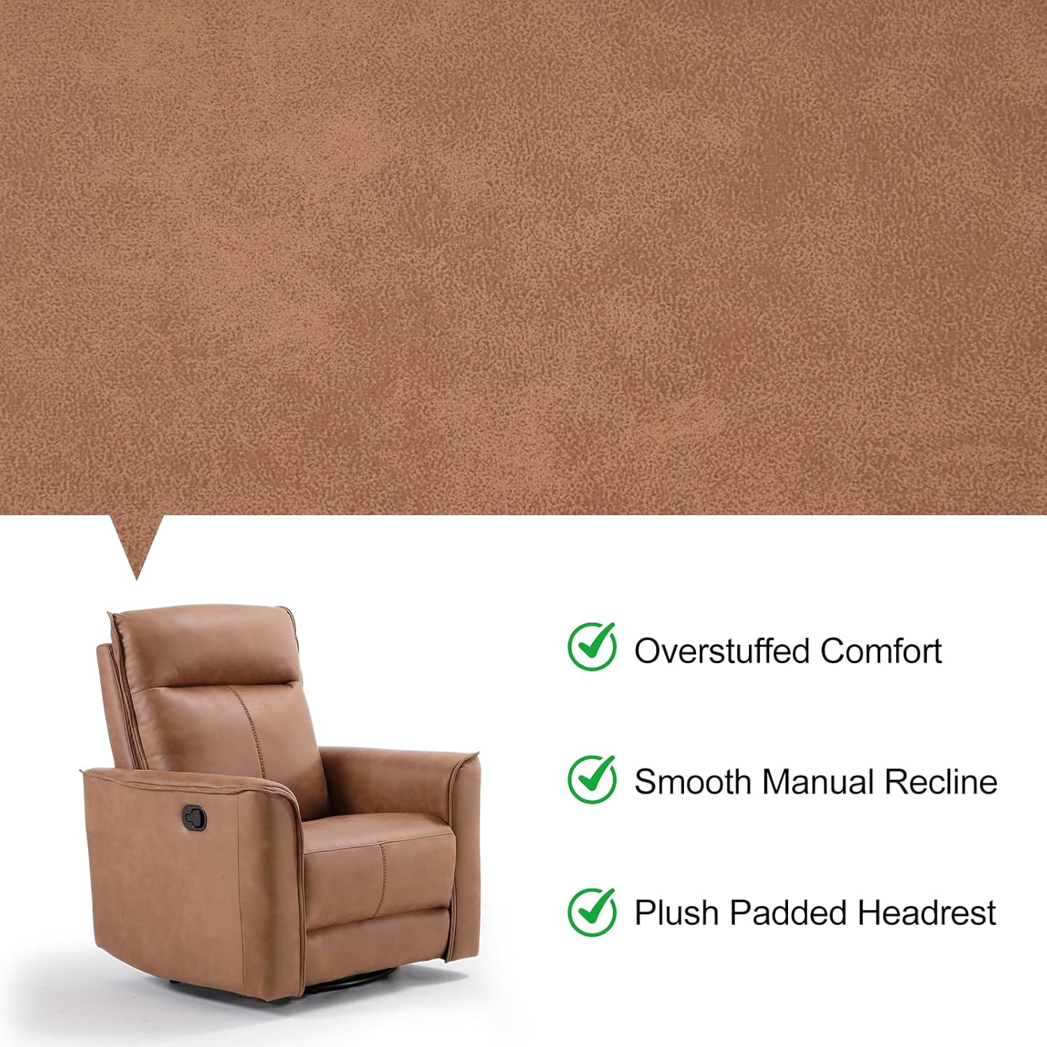 EBELLO Swivel Rocker Glider Chair, Nursing Swivel Glider Rocking Recliners with Overstuffed Backrest, Faux Leather Manual Reclining Sofa for Living Room Bedroom Apartment, Brown