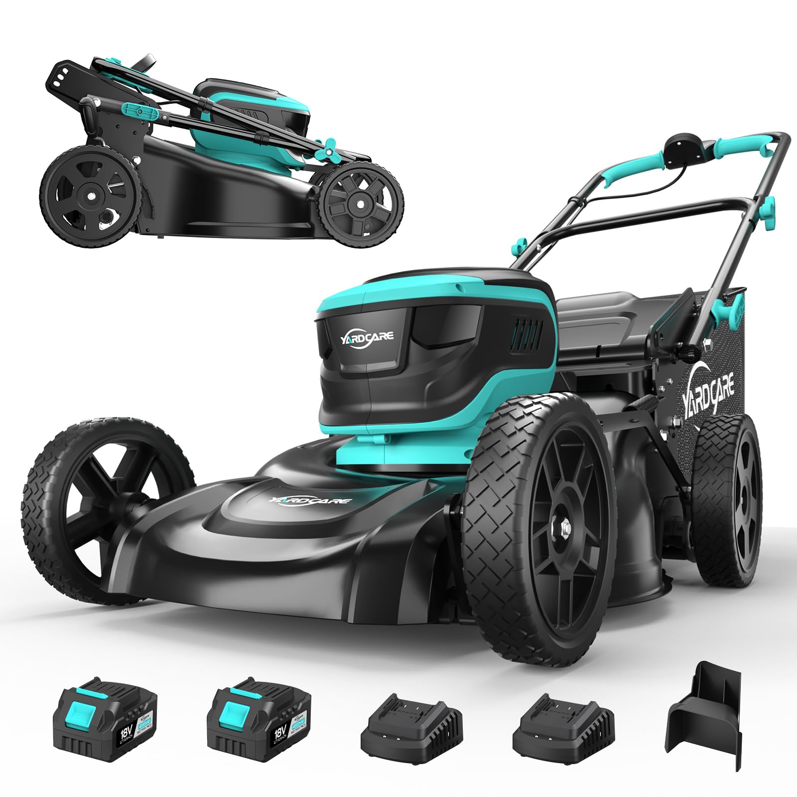 YARDCARE Cortacesped Electrico(Hasta 675㎡, 36V, Ancho de Corte 41cm)Cortacesped Bateria con Ajuste de Altura de 7Etapas, Kit de Mulching&Bolsa de Paja de 45L, Mango Ajustable, Pantalla LED, Cargadores