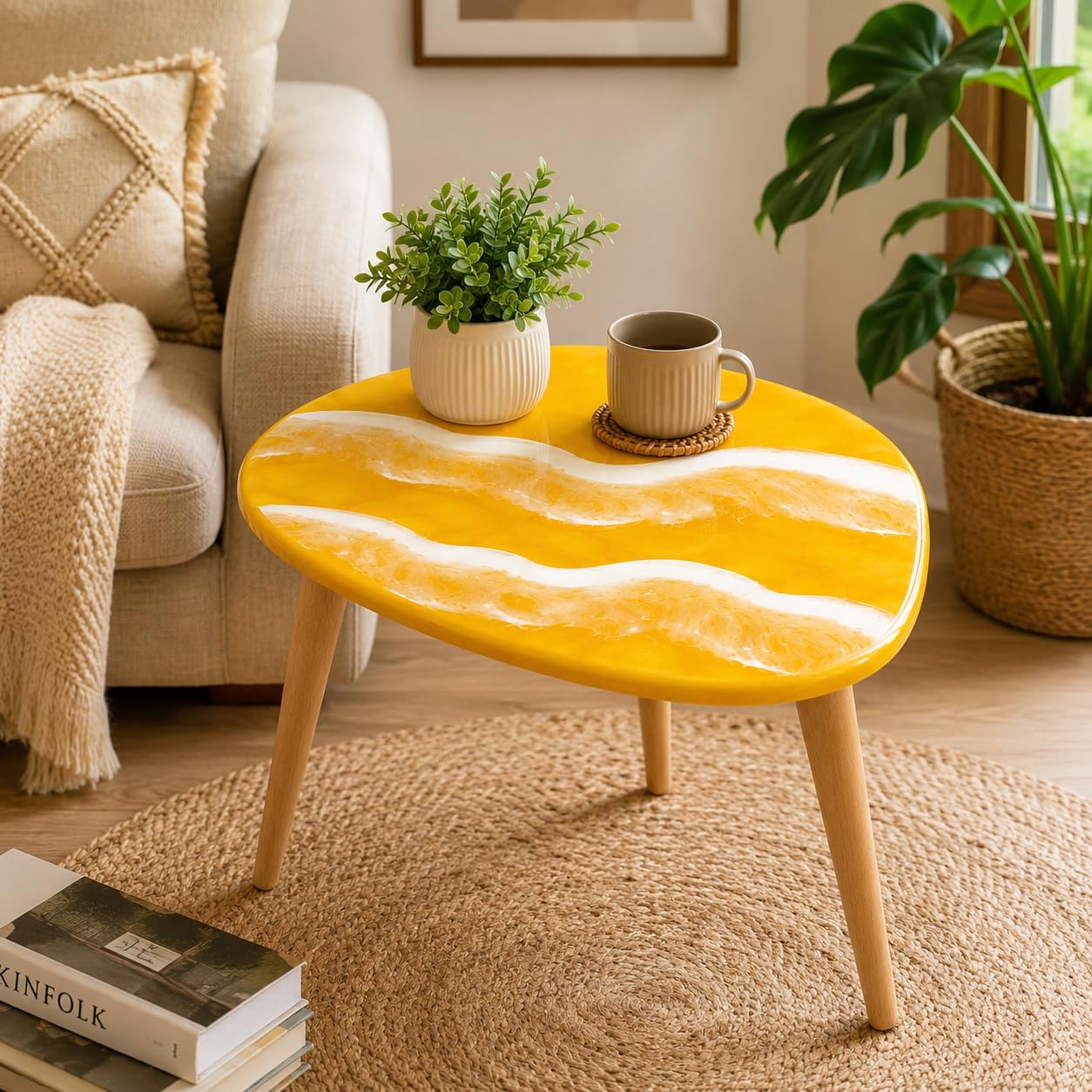Yellow Ocean Wave Wooden Coffee Table | Epoxy Resin High Gloss Finish | Foldable Wooden Legs | Easy Assembly | Side Table, Center Table & Living Room Accent Table (16 x 18 in)-image-44