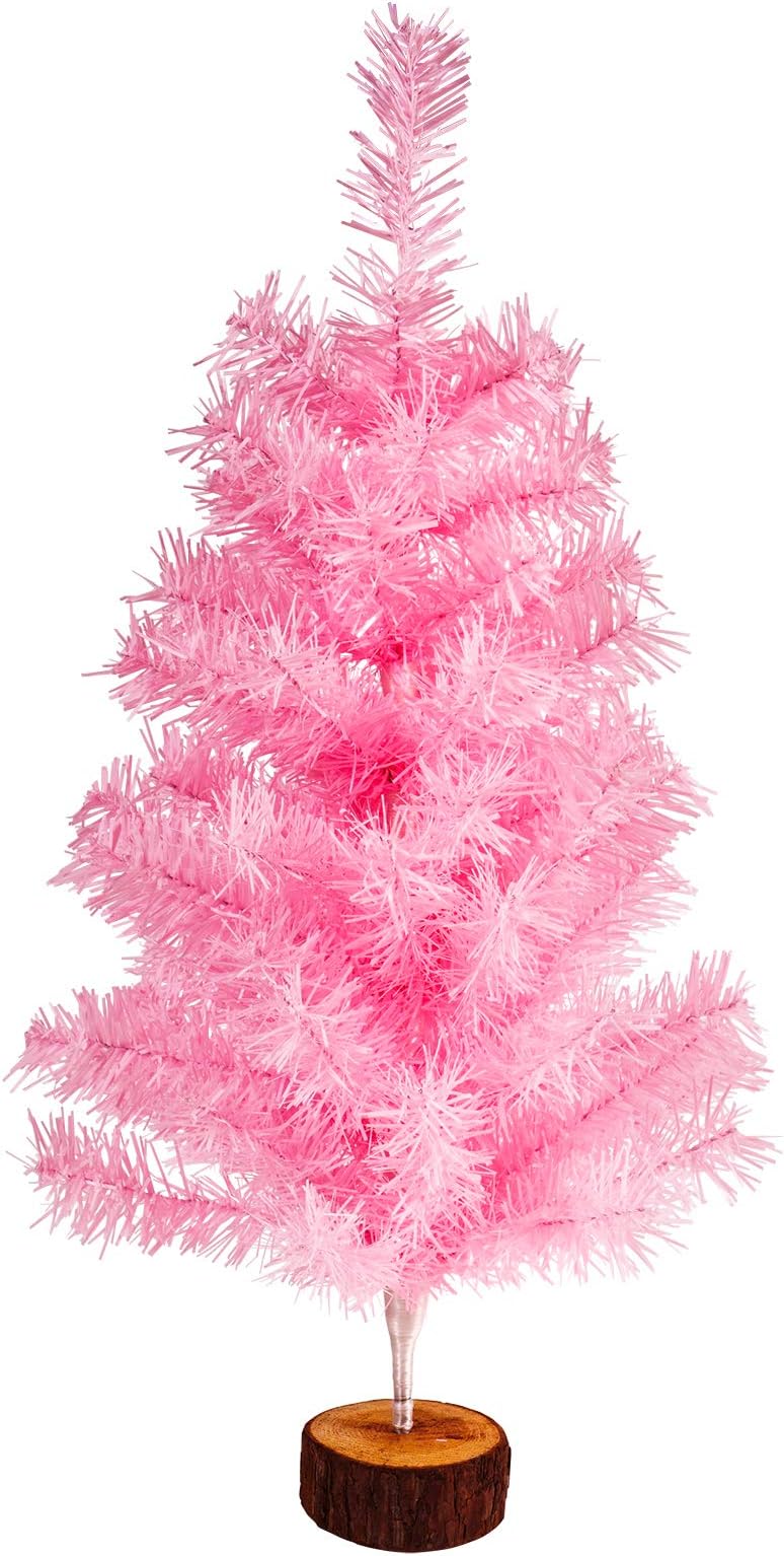 FINGOOO 2ft/60cm Artificial Christmas Tree with Wood Base, Tabletop DIY Xmas Home Indoor Decorations and Gift, Pink