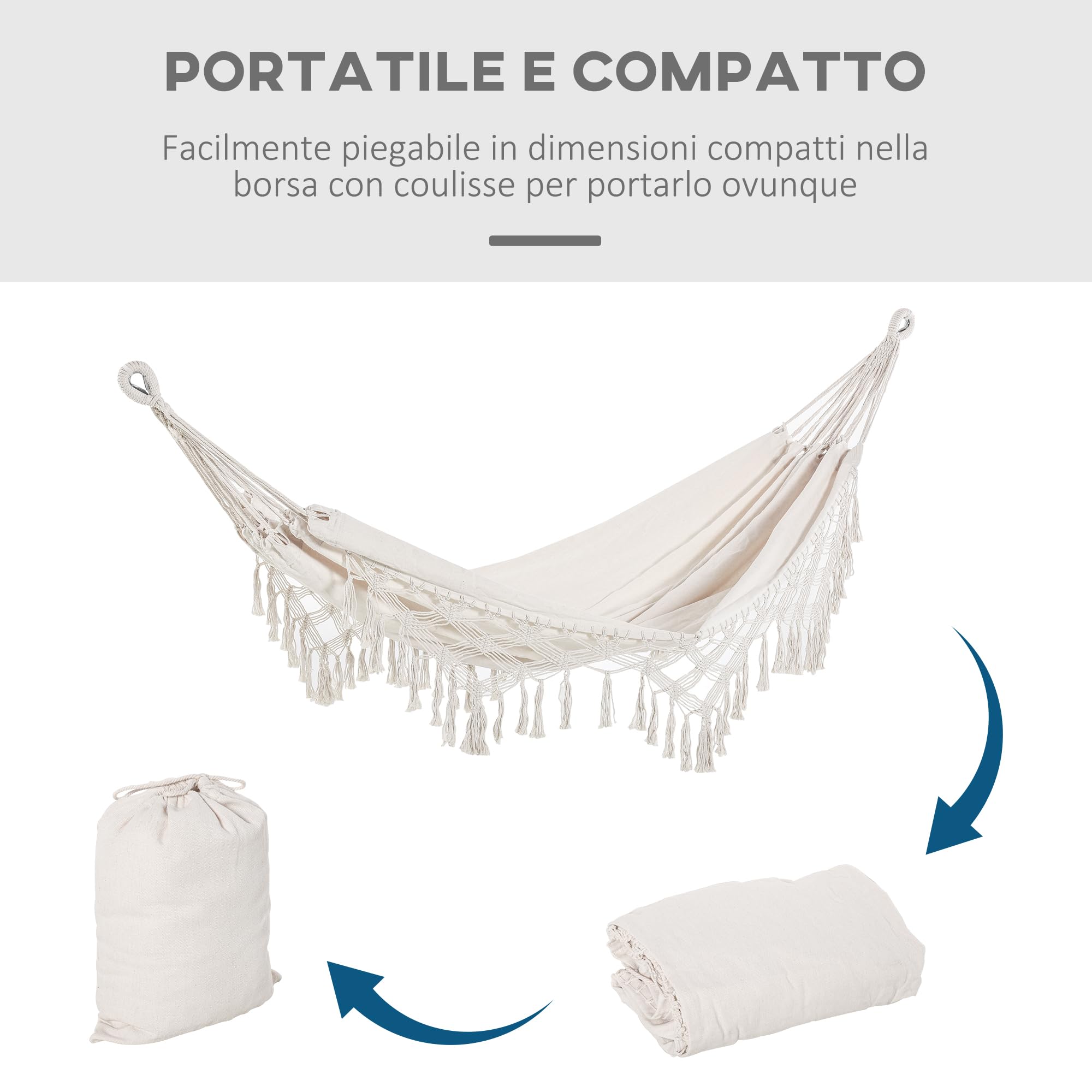 Outsunny Amaca da Giardino Sospesa 288x150 cm, Capacità 120 kg, Amaca Campeggio in Tela con Frange Stile Boho, con Borsa da Trasporto, per Campeggio, Giardino, Balcone, Patio e Spiaggia, Crema